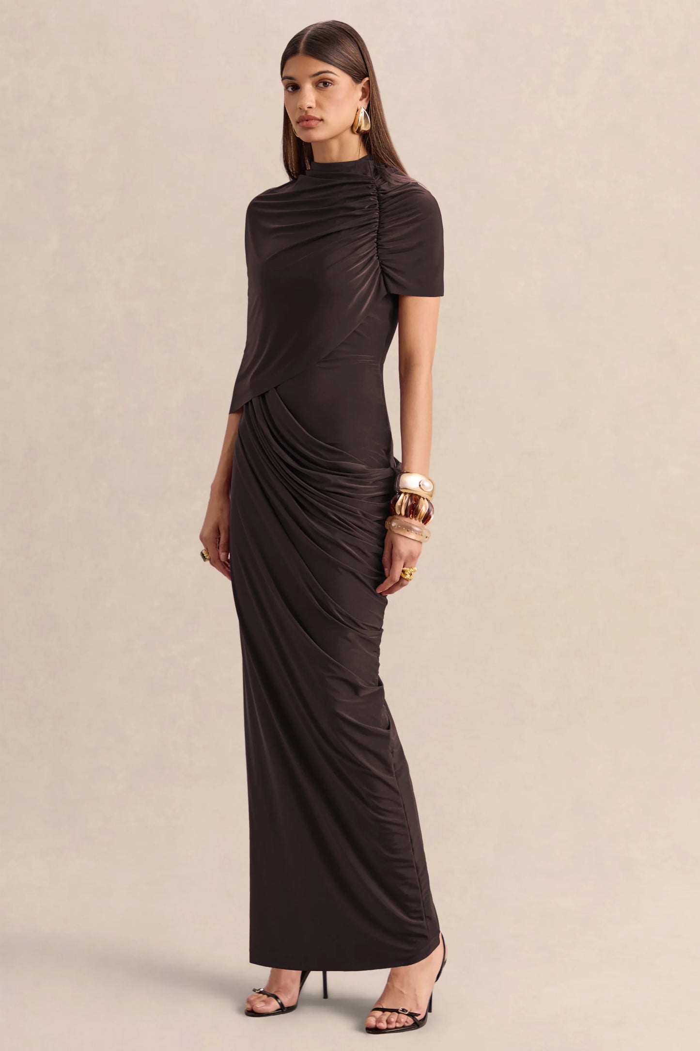 Lunaline Brown High-Neck Maxi Dress With Asymmetric Cape And Draped-Detailing