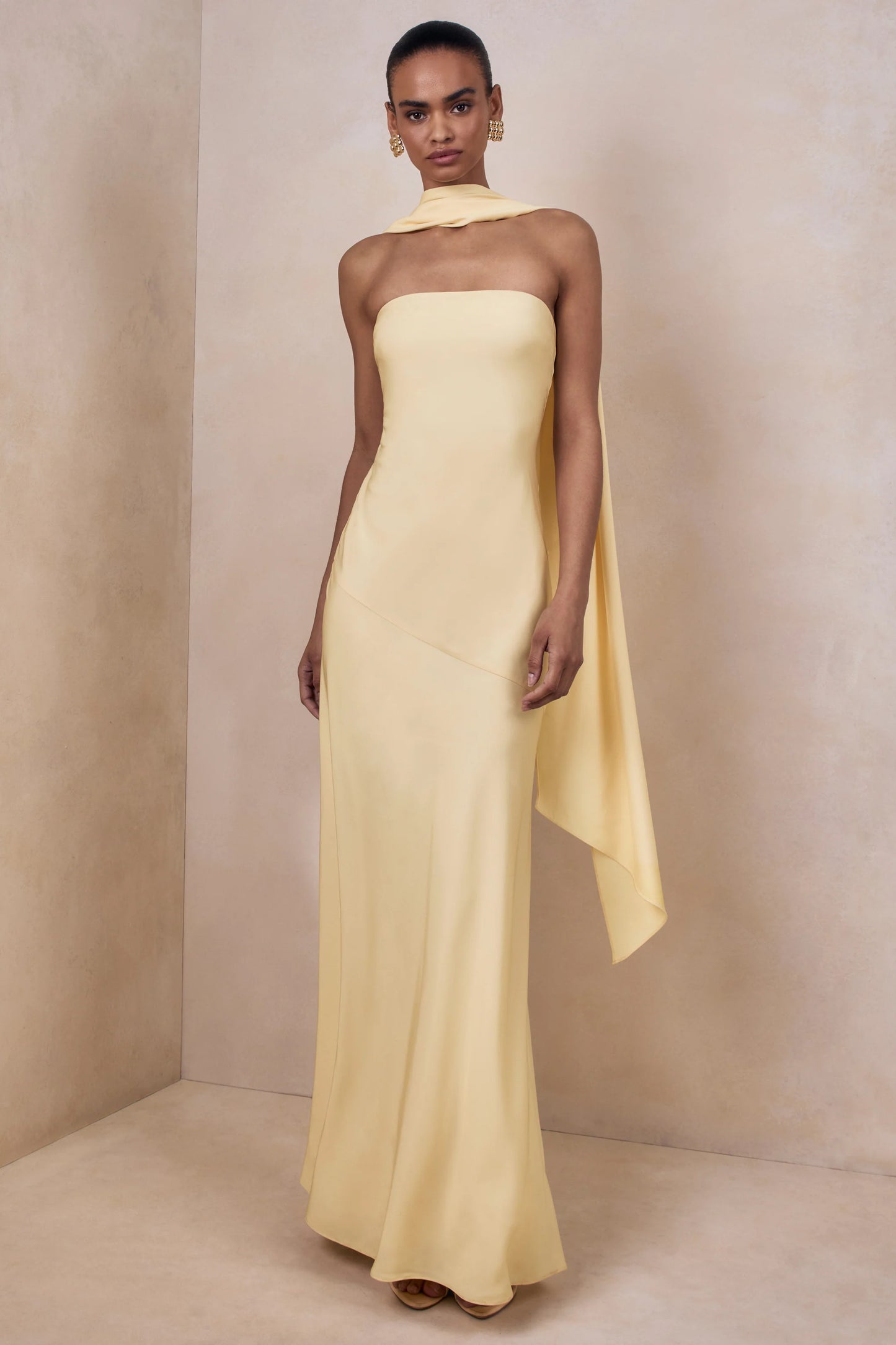 Charly Lemon Matte Satin Bandeau Maxi Dress With Scarf-Detail