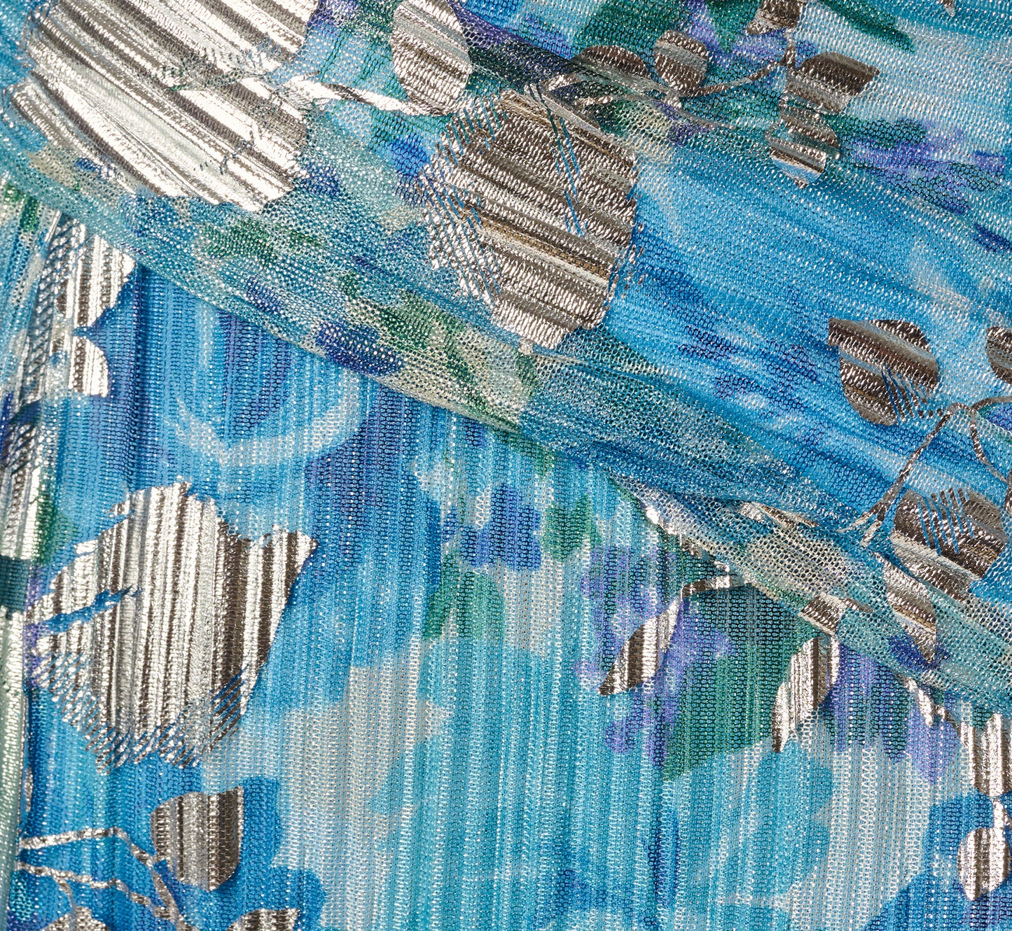 Flutter Sleeve Crinkle Foil Floral Gown In Blue Multi