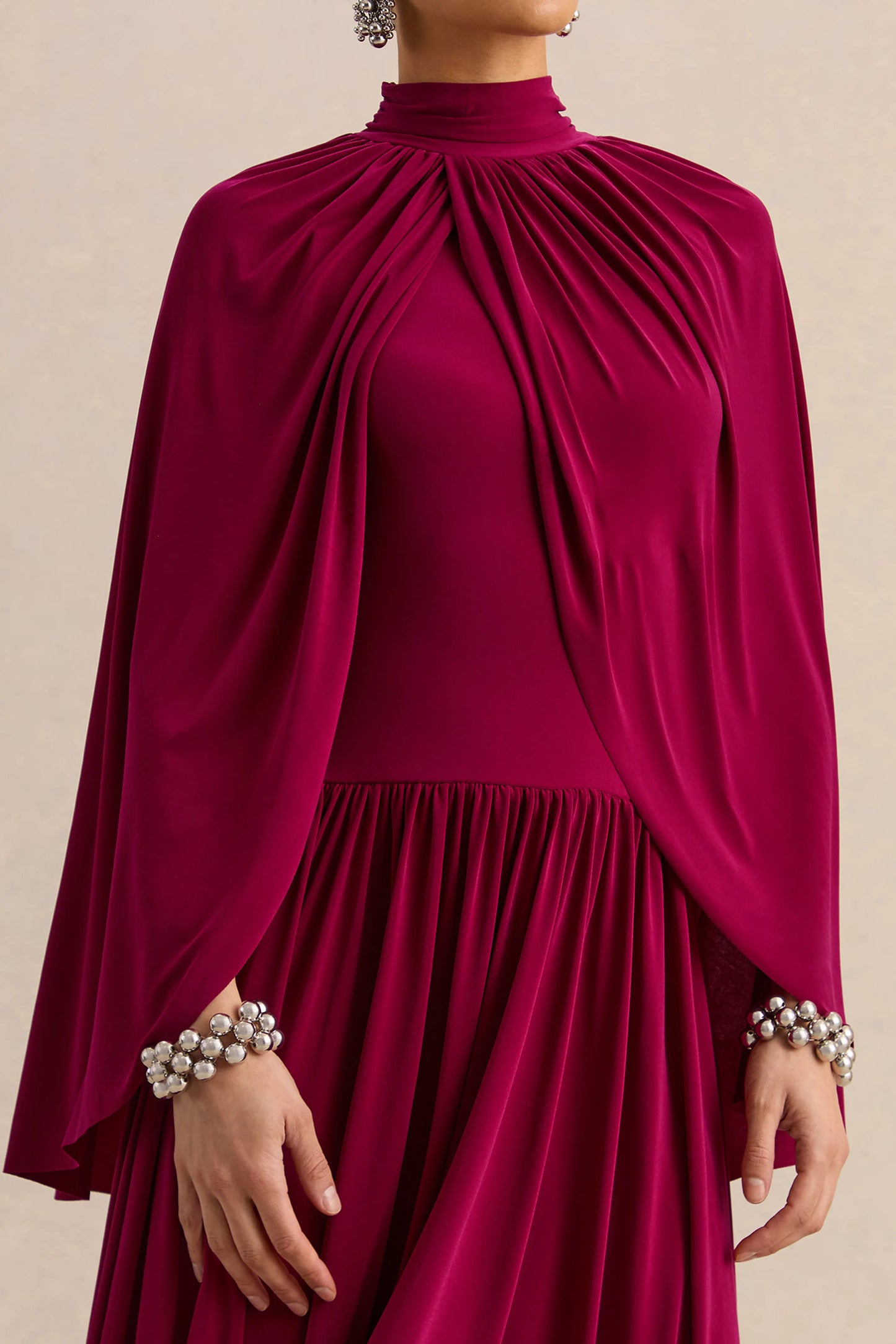 Honora Burgundy High-Neck Midi Dress With Cape-Sleeves