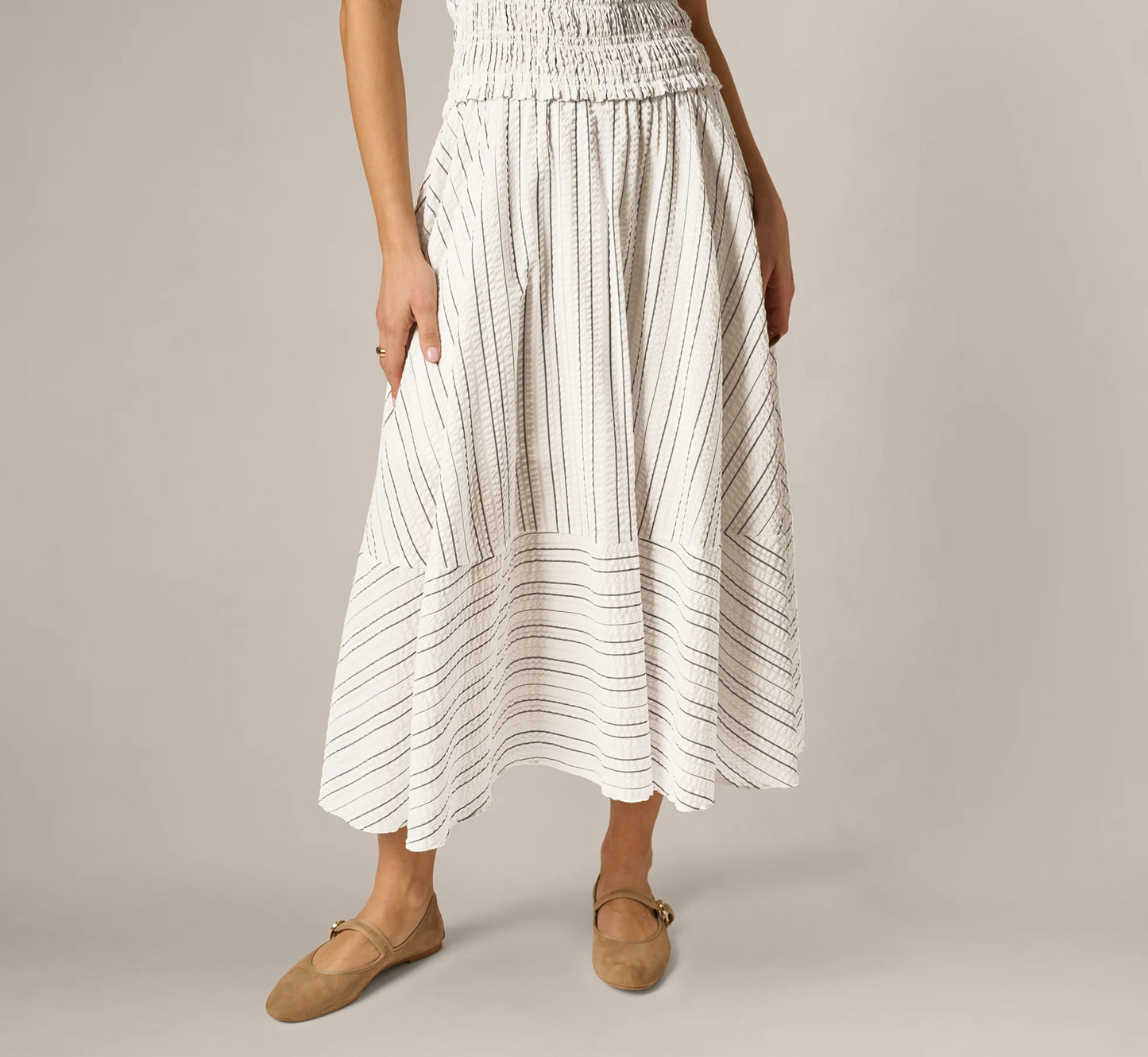 Smocked Seersucker Halter Midi Dress In Ivory Multi