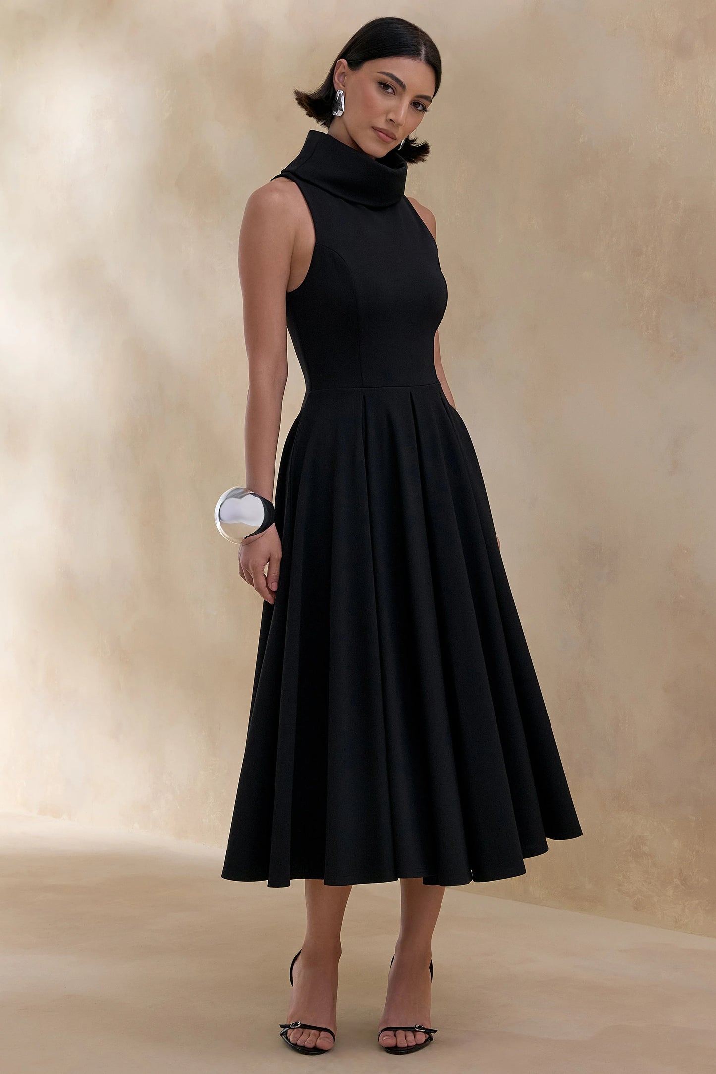 Exclusivity Black High-Neck Midi Dress