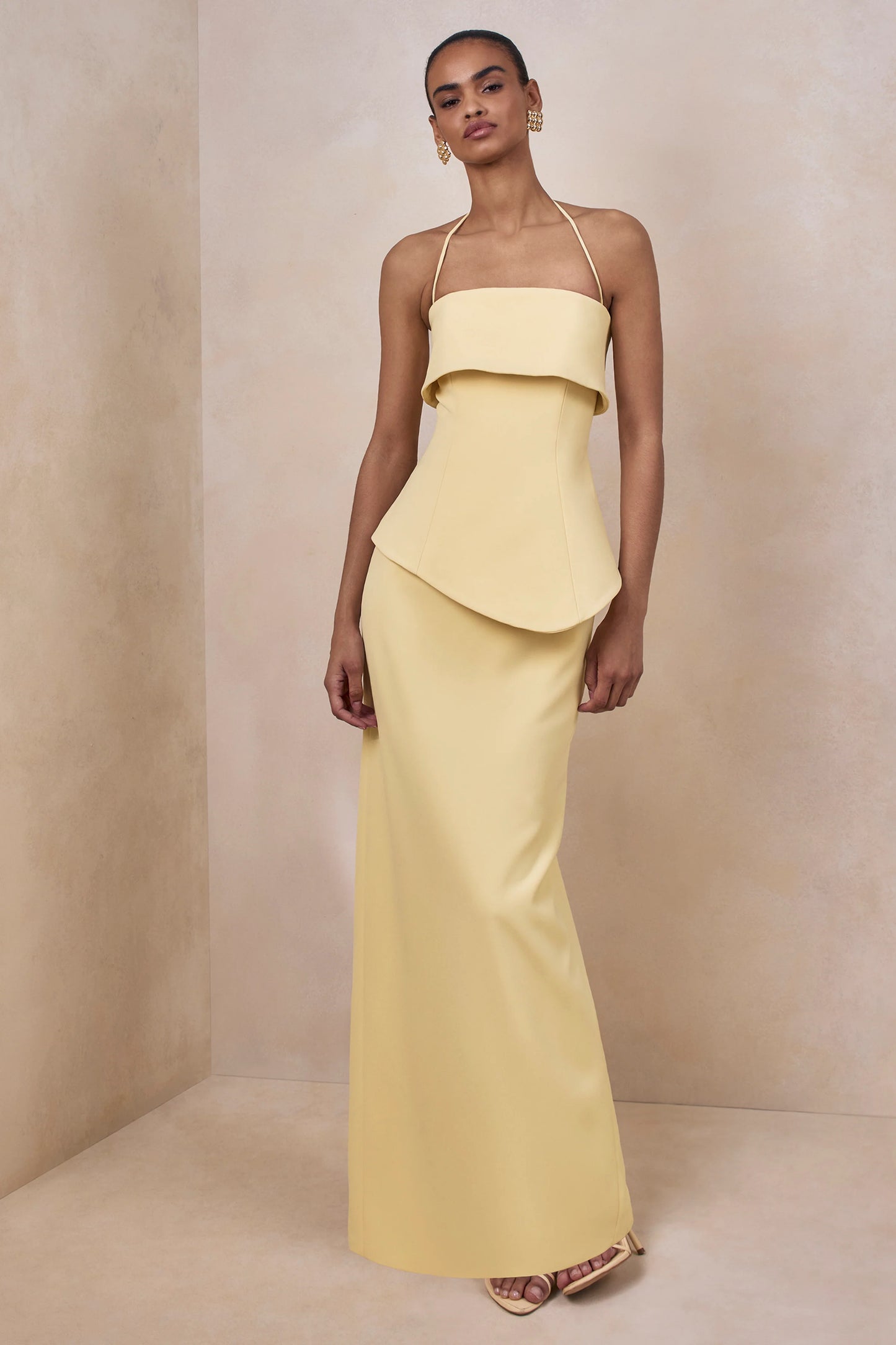 Fran Lemon Square-Neck Corset Maxi Dress