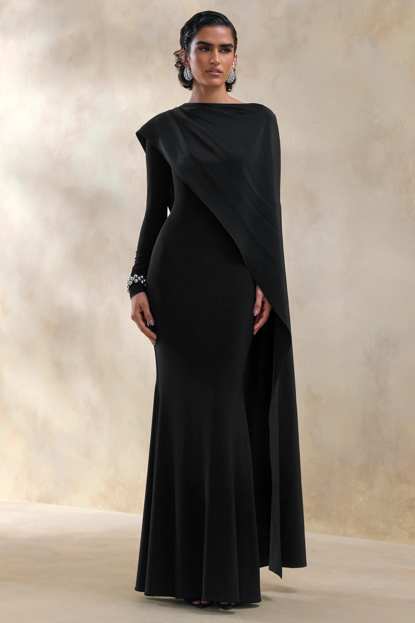 Salenne Black Wide-Neck Maxi Dress With Satin Asymmetric-Cape