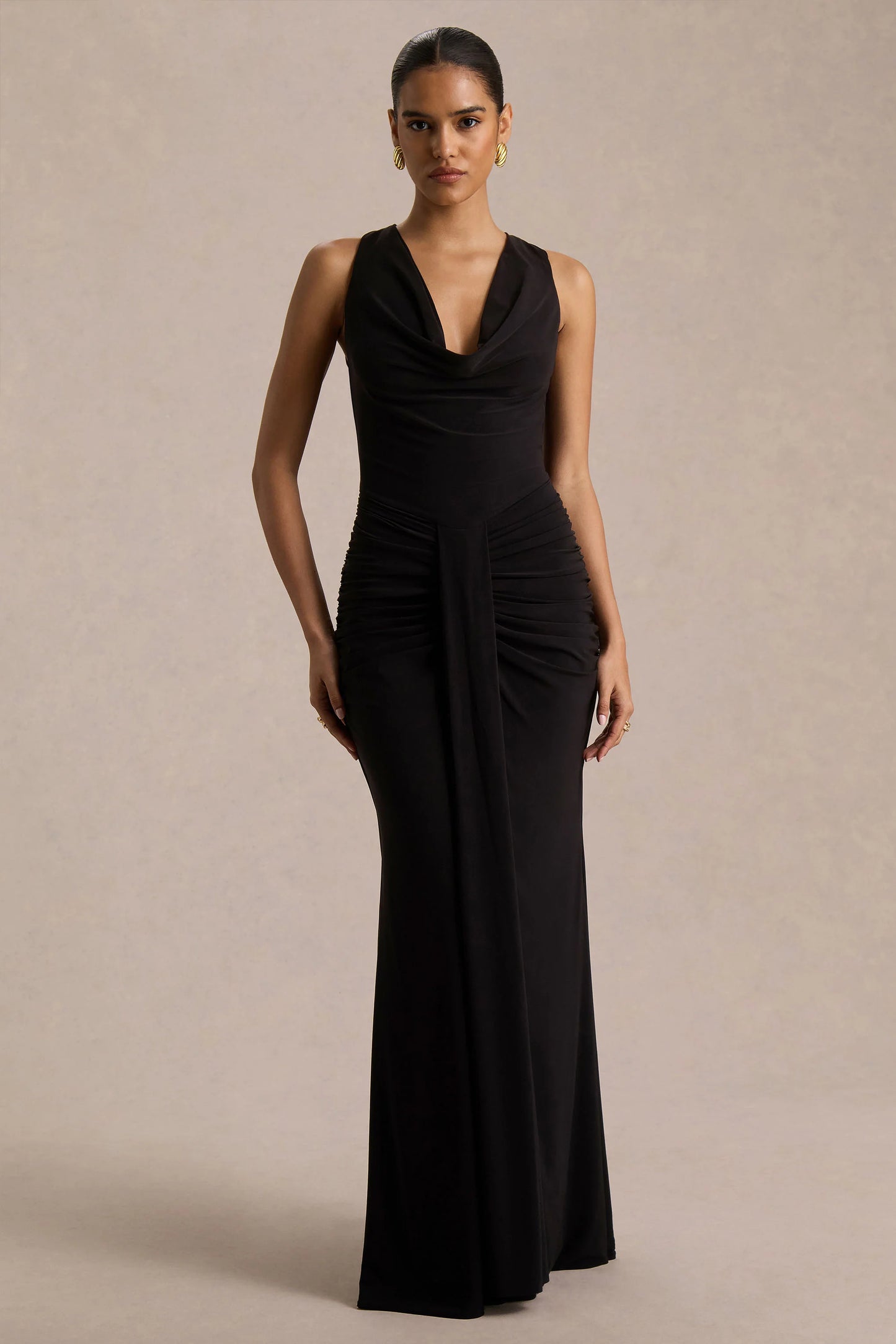 Mallie Black Cowl-Neck Maxi Dress With Gathered-Detailing