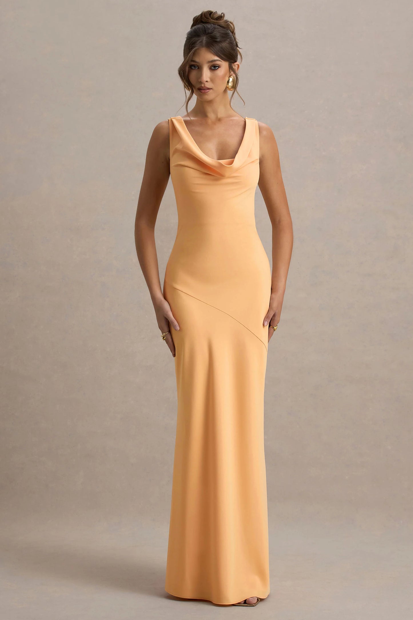 Alesso Peach Satin Cowl-Neck Slip-Maxi Dress