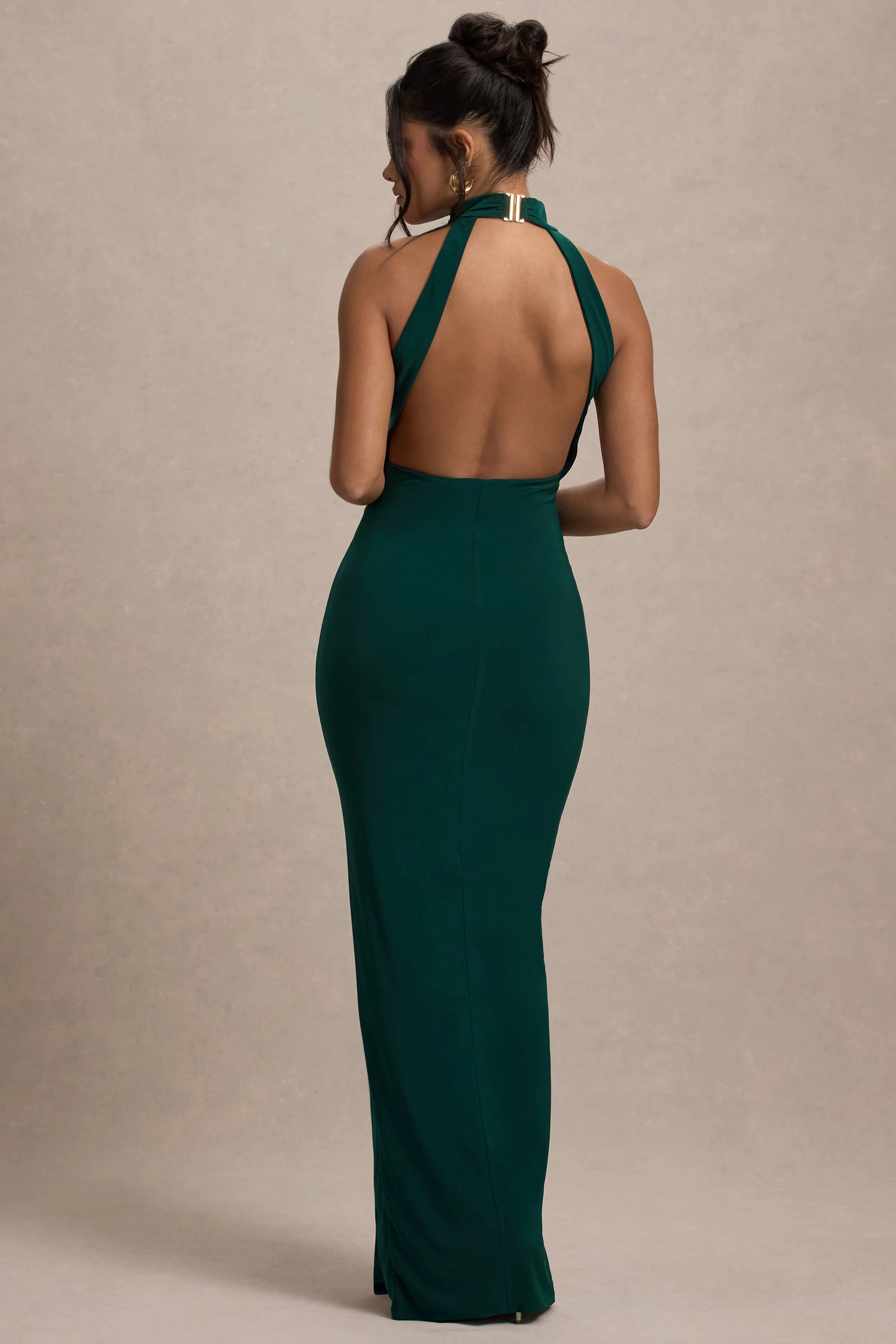 Khari Bottle Green High-Neck Twisted Maxi Dress With Drape
