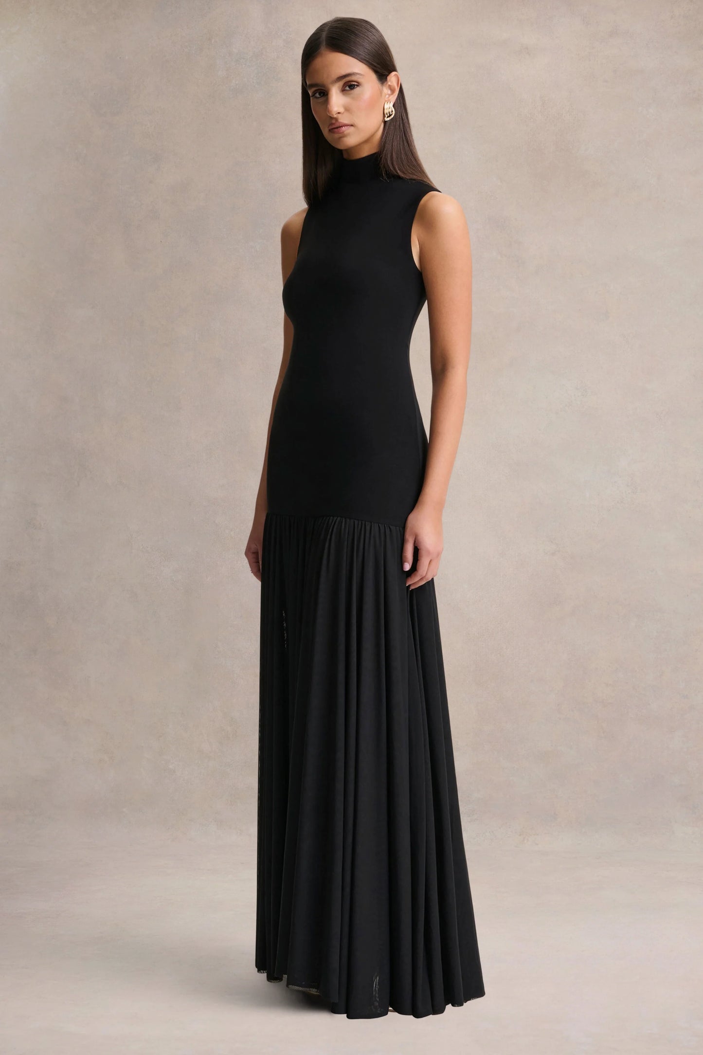 Gigi Black High-Neck Maxi Dress With Drop-Waist And Sheer Skirt