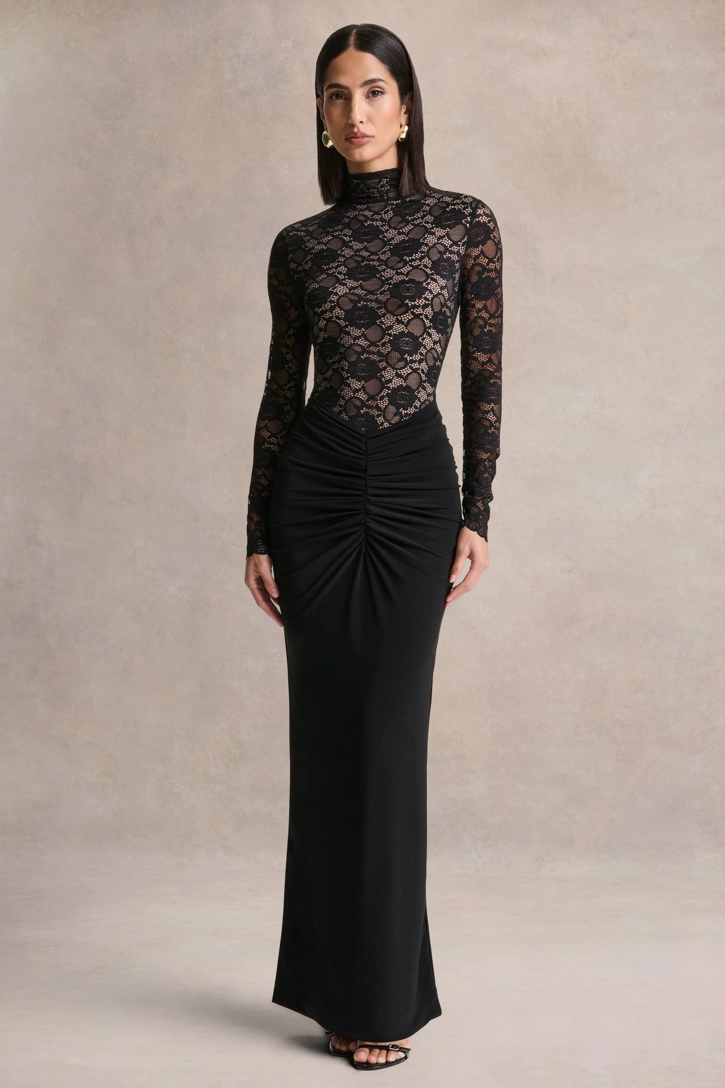 Justina Black High-Neck Maxi Dress With Gathered-Detailing