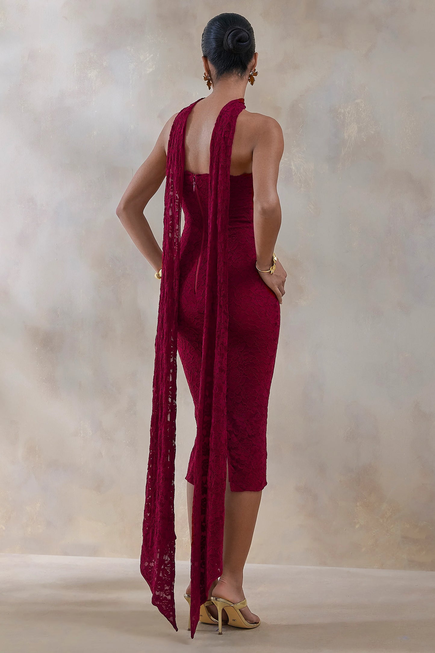 Rosaria Burgundy Lace Bandeau Midi Dress With Scarf-Detail