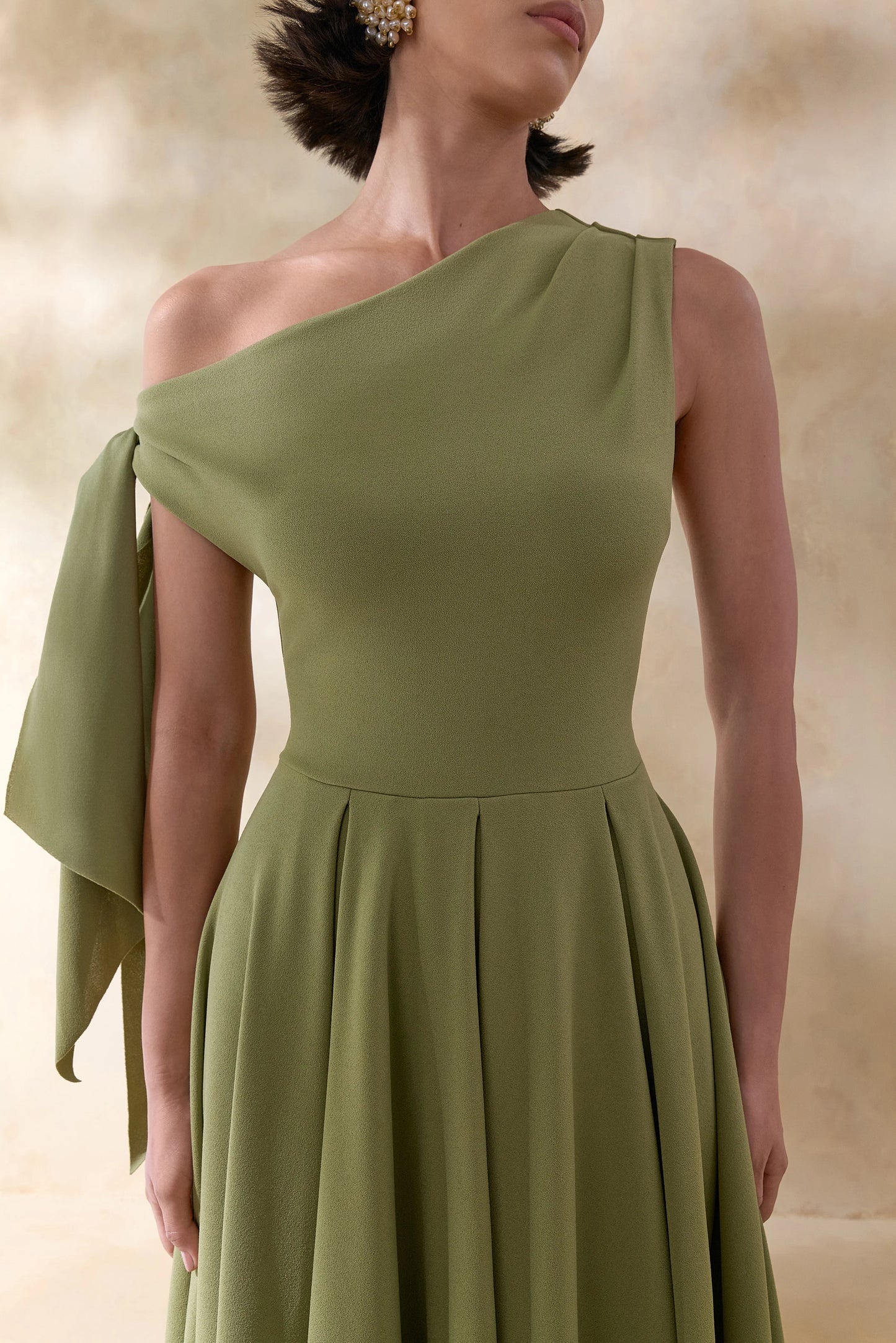 Daring Olive Asymmetric-Neck Midi Dress With Knot-Detail