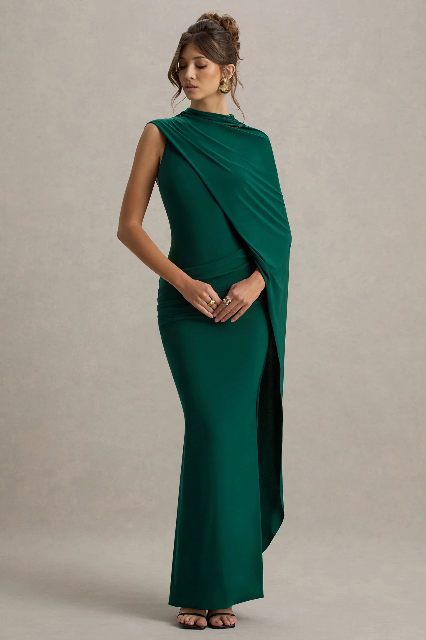 Maeve Bottle Green Cape-Sleeve Draped Maxi Dress