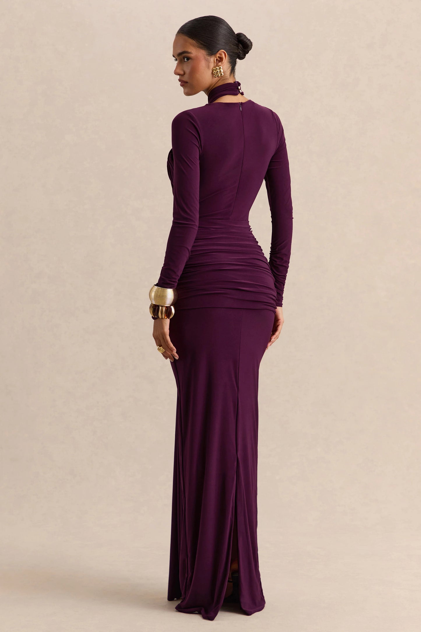 Linessa Dark Plum High-Neck Maxi Dress With Sash And Gathered-Detailing