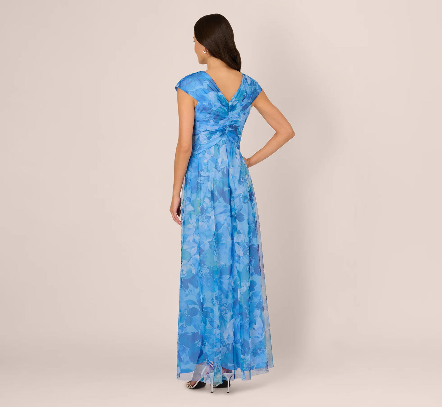 Cap Sleeve Twist Front Floral Tulle Gown In Blue Multi