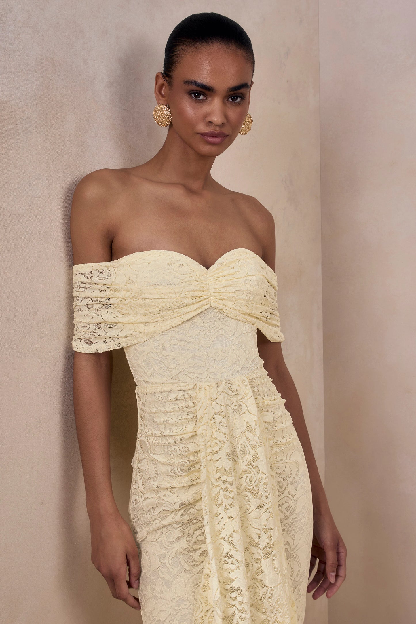 Aries Lemon Lace Bardot-Neck Maxi Dress With Gathered Detailing