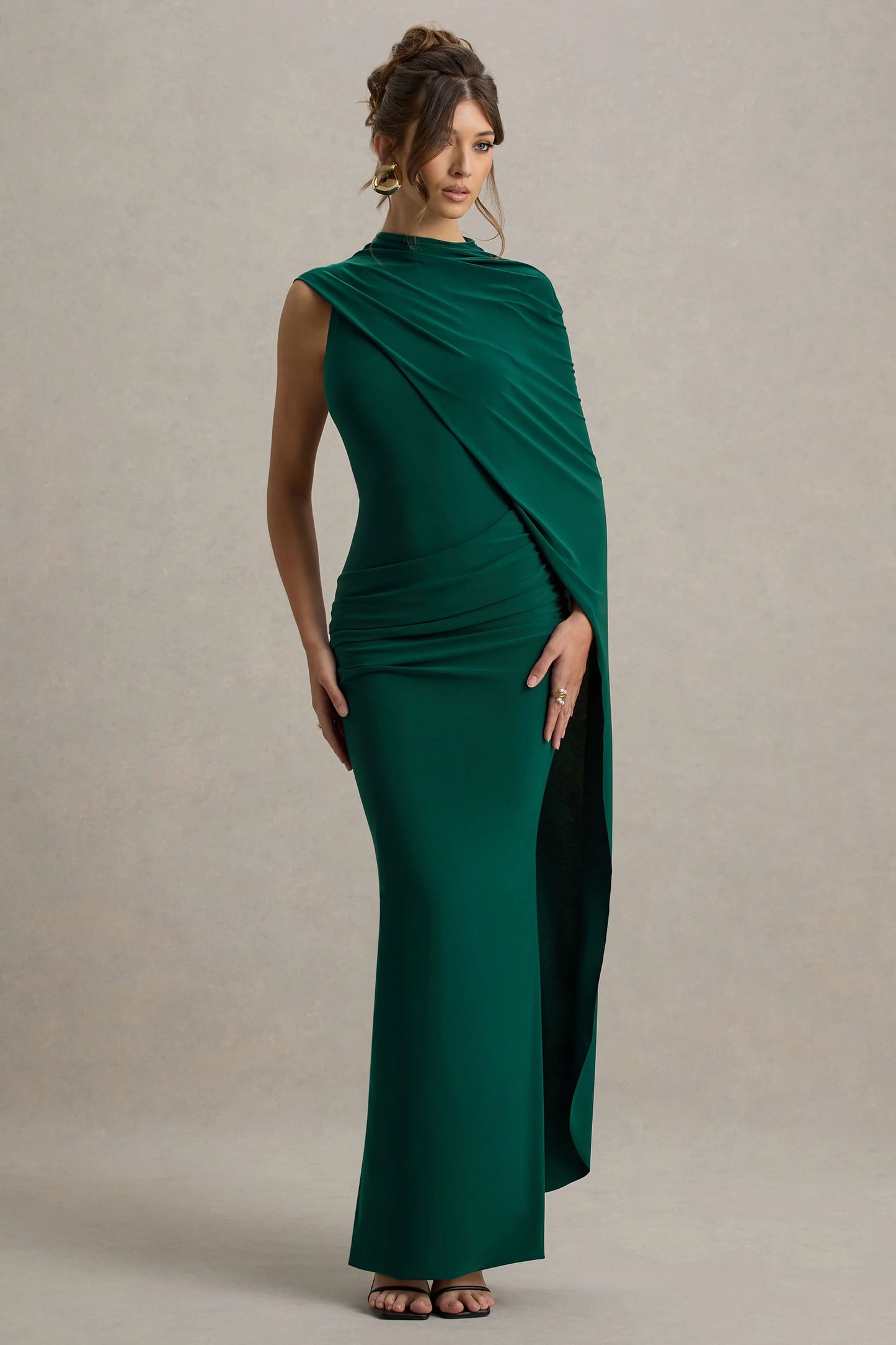 Maeve Bottle Green Cape-Sleeve Draped Maxi Dress