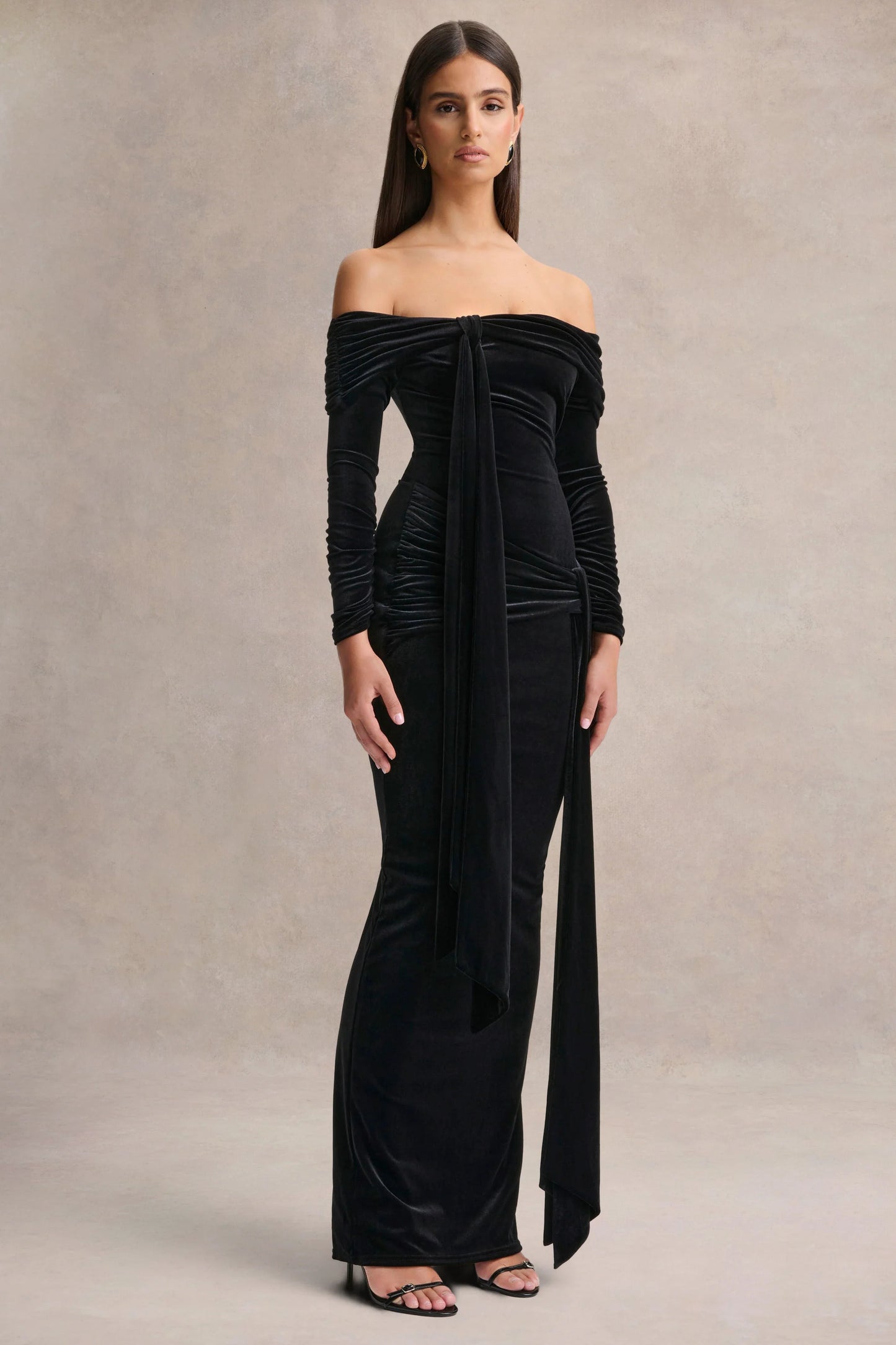 Jessara Black Bardot-Neck Maxi Dress With Knot-Details