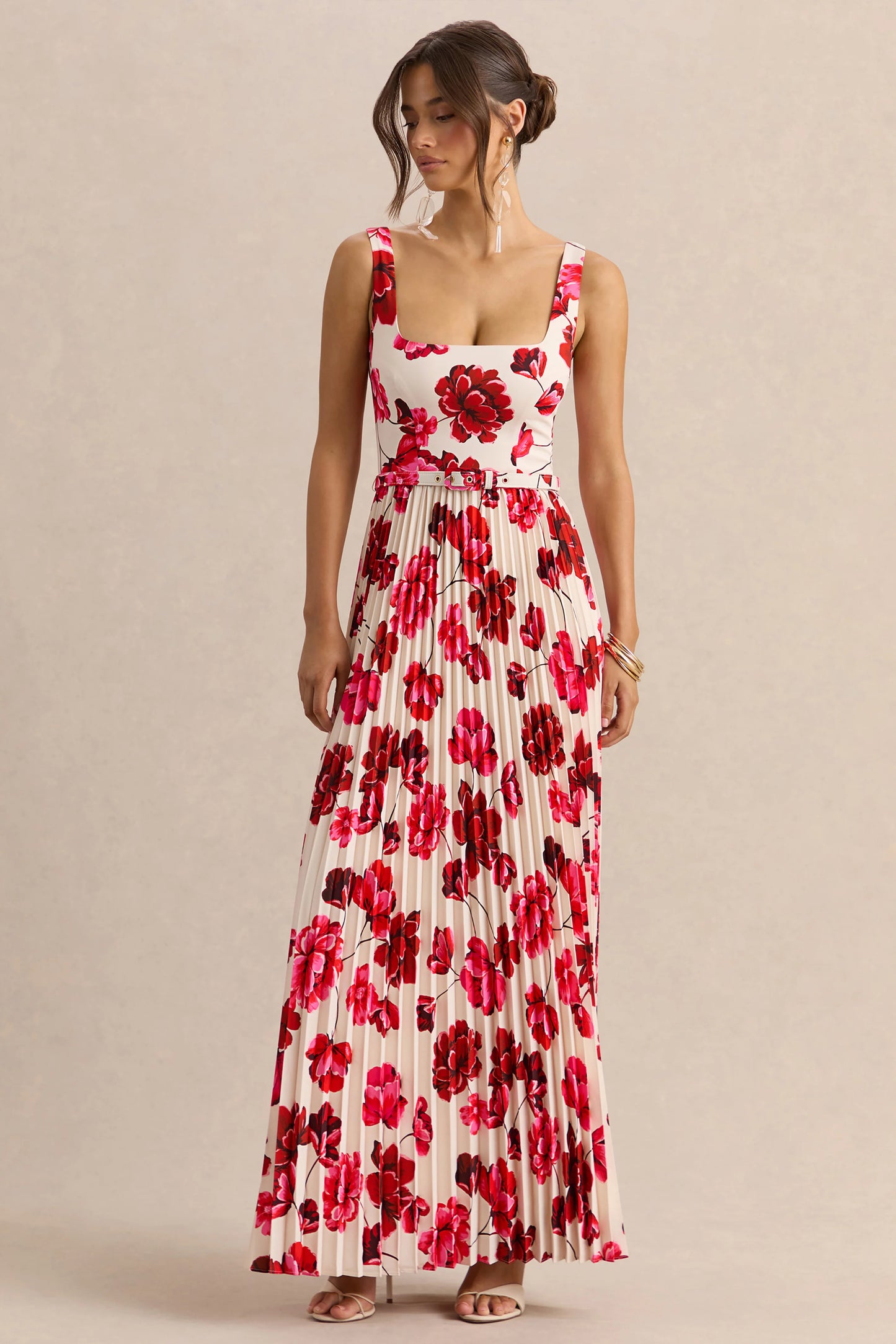 Danika Hot Pink Floral Print Square-Neck Belted Maxi Dress With Pleated Skirt