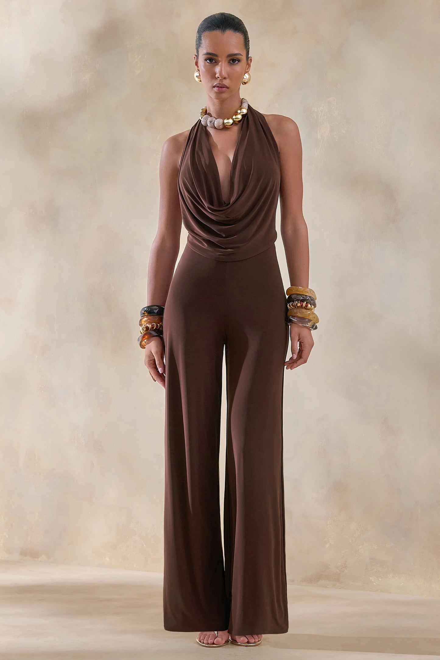 Clemence Brown Plunge-Neck Jumpsuit