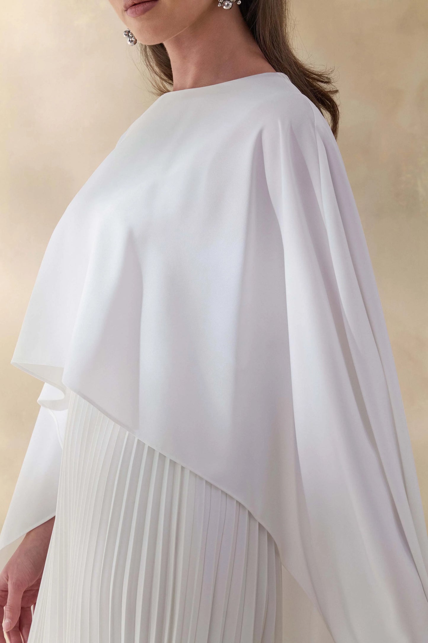 Loradia Cream Satin Round-Neck Maxi Dress With Cape-Sleeves And Pleated-Skirt