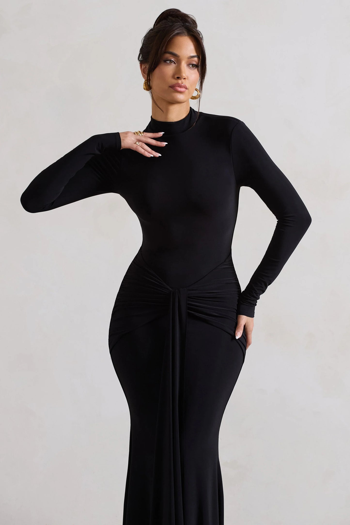 Pietra Black High-Neck Long Sleeve Knot Maxi Dress