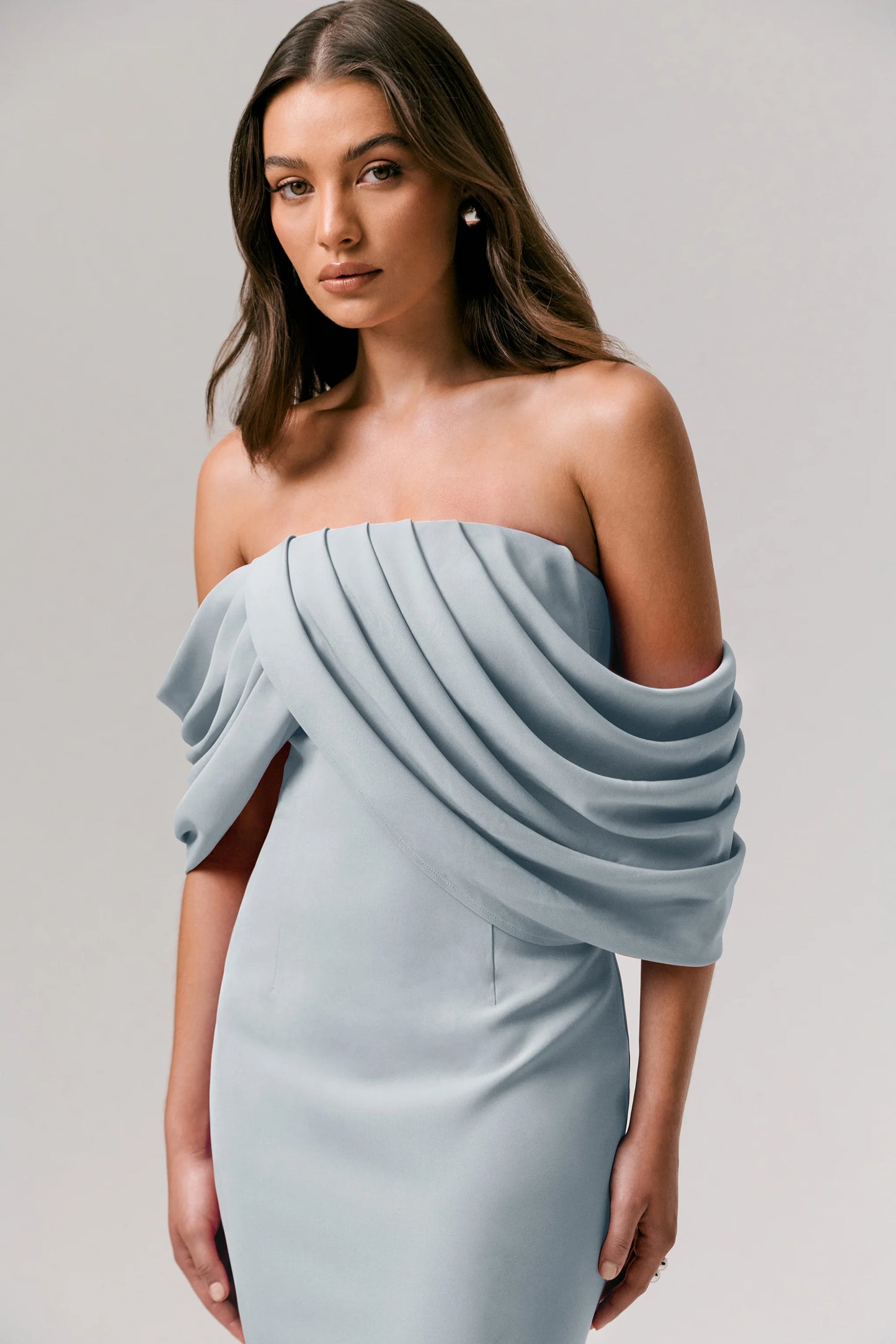 Serene Powder Blue Draped Bardot Maxi Dress