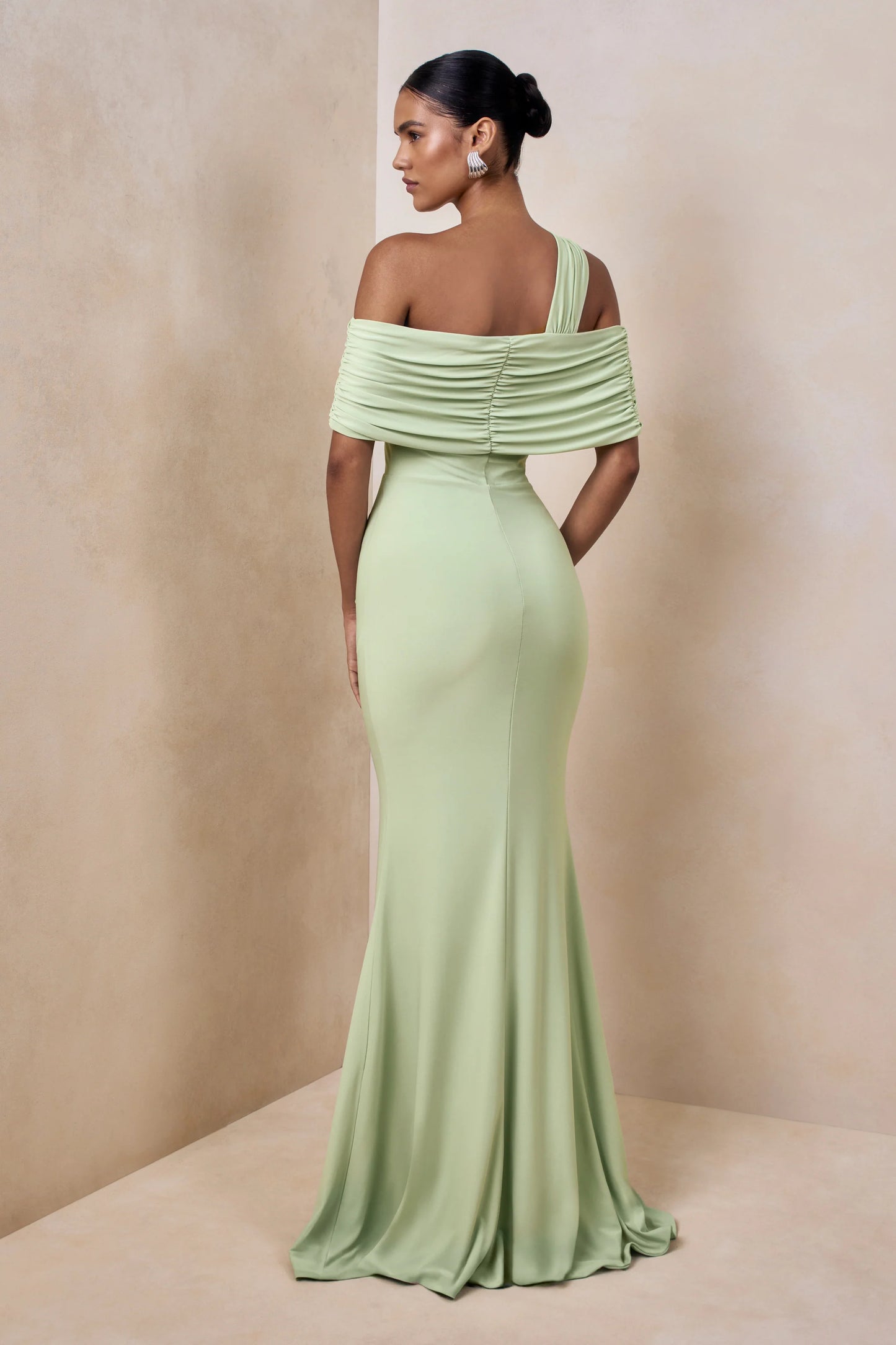 Nala Mint Asymmetric-Neck Maxi Dress With Gathered Detailing
