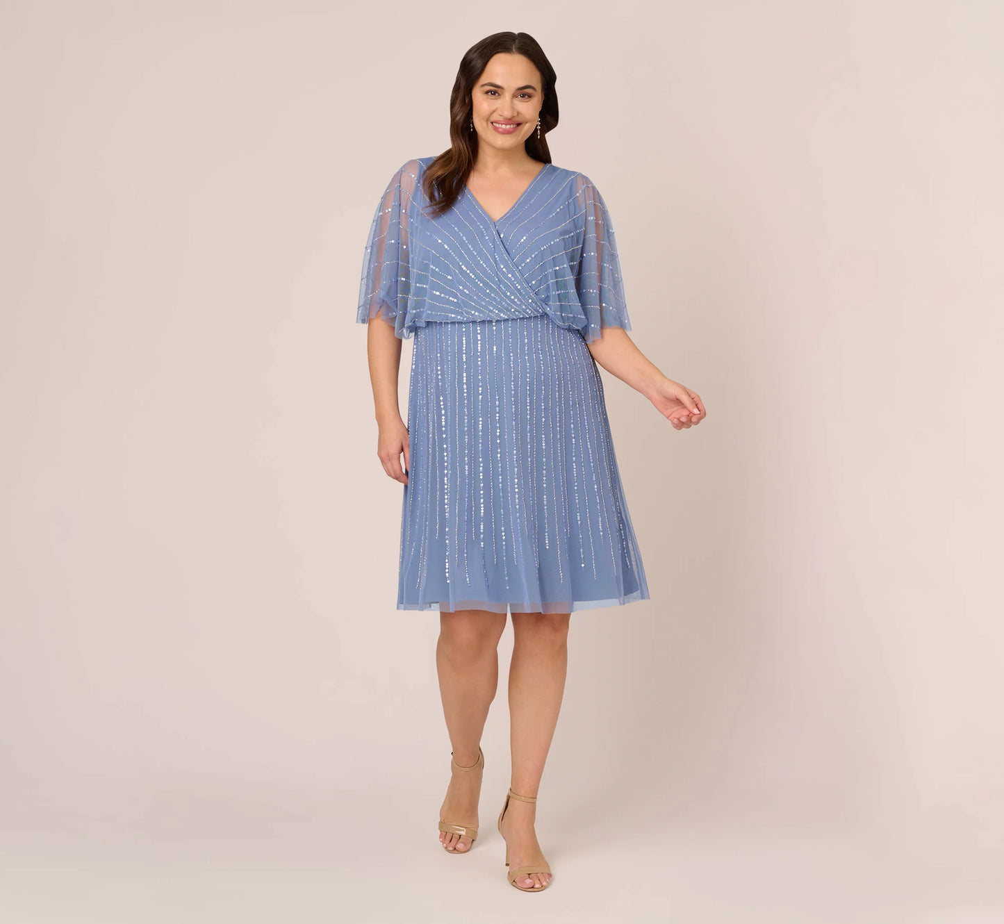 Plus Size Hand Beaded Illusion Faux Wrap Short Cocktail Dress In French Blue