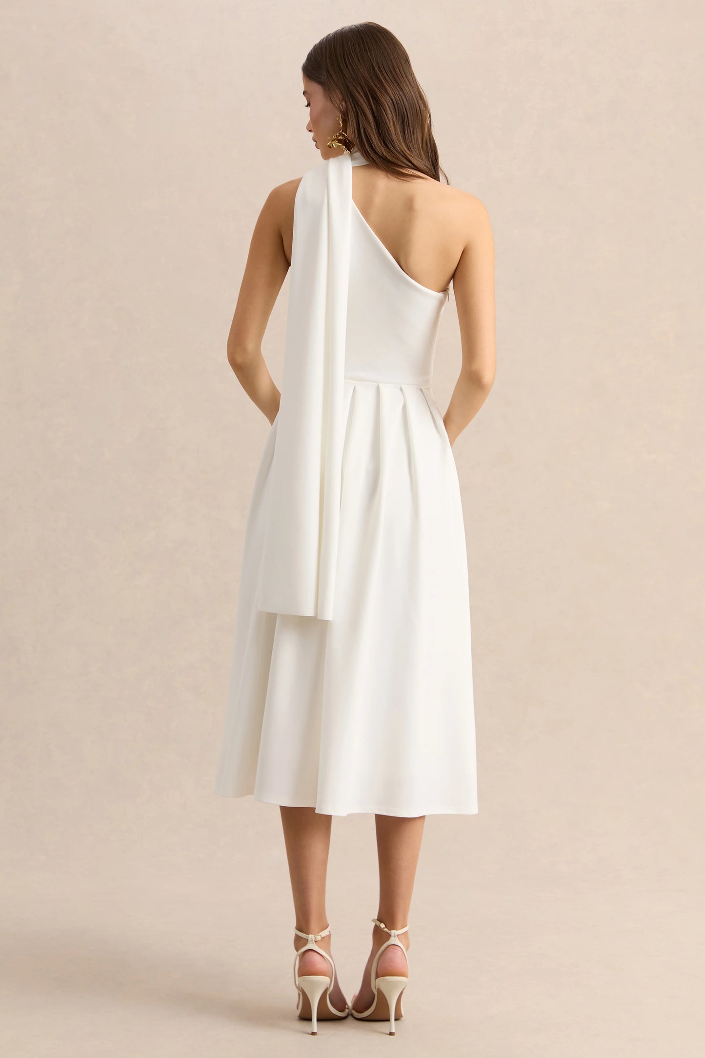Odette White Asymmetric-Neck Midi Dress With Scarf