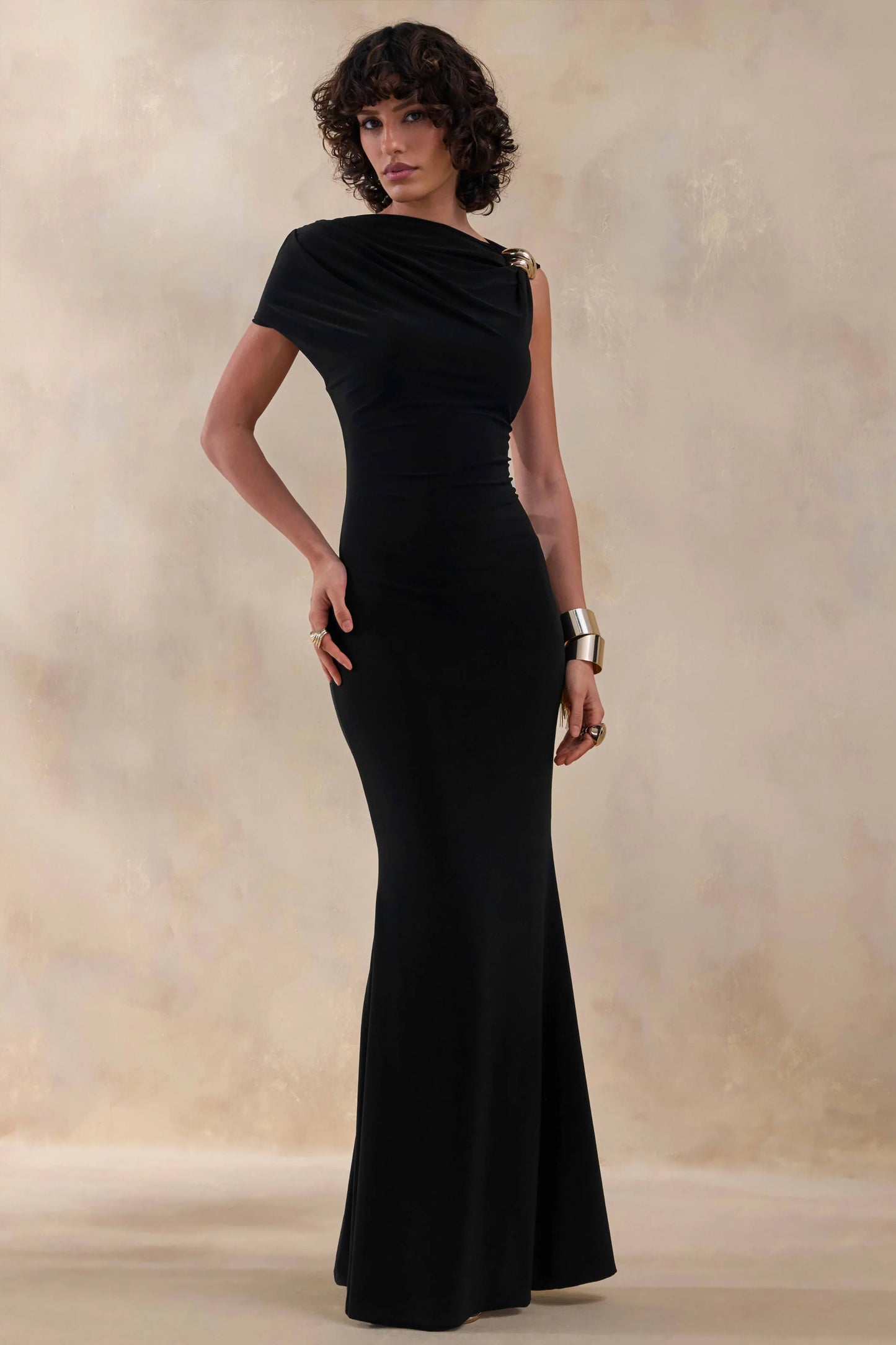 Blaire Black Asymmetric-Neck Maxi Dress With Gold-Detailing