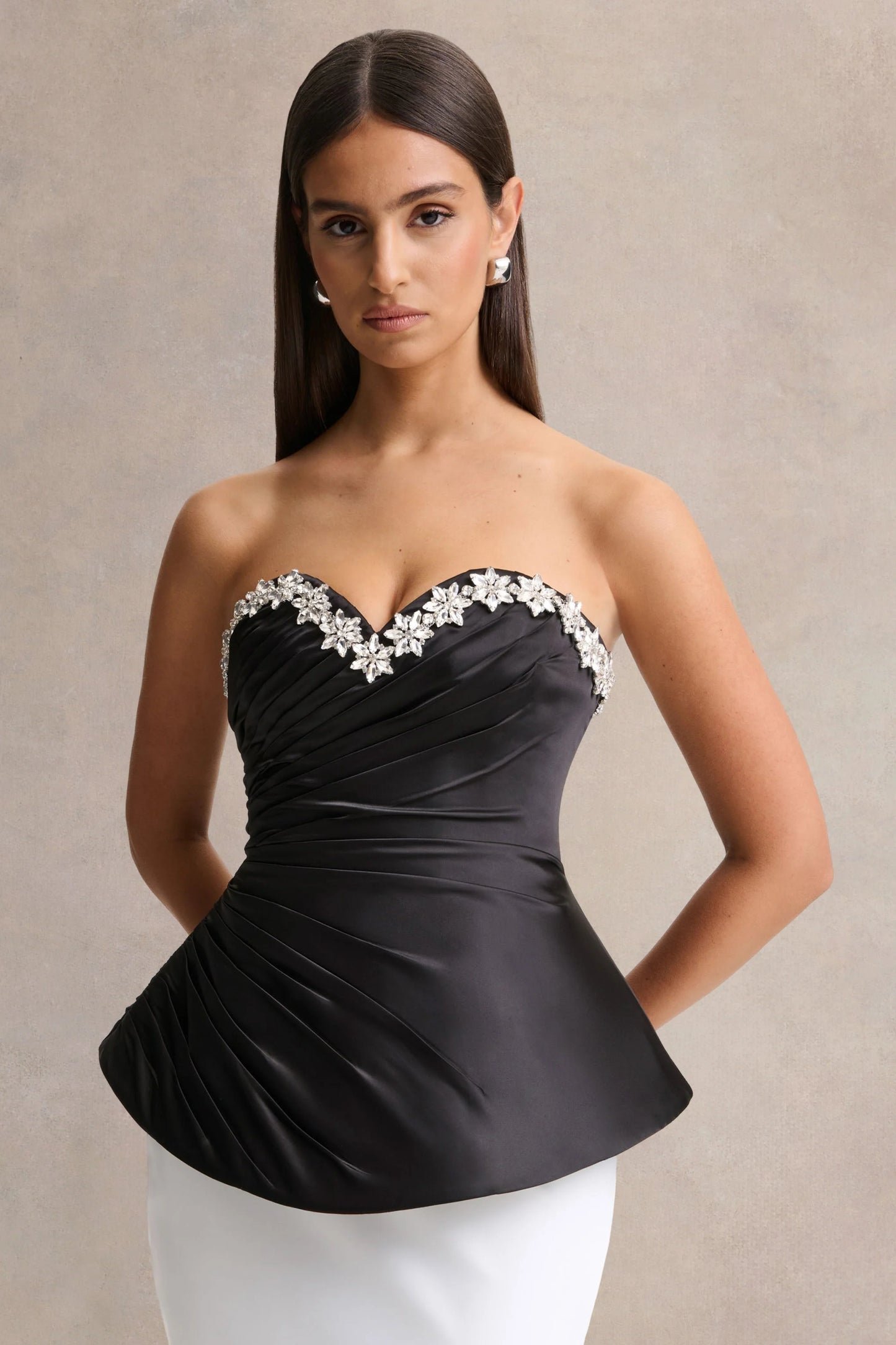 Ambria Black Satin Hand-Embellished Sweetheart-Neck Corset Top