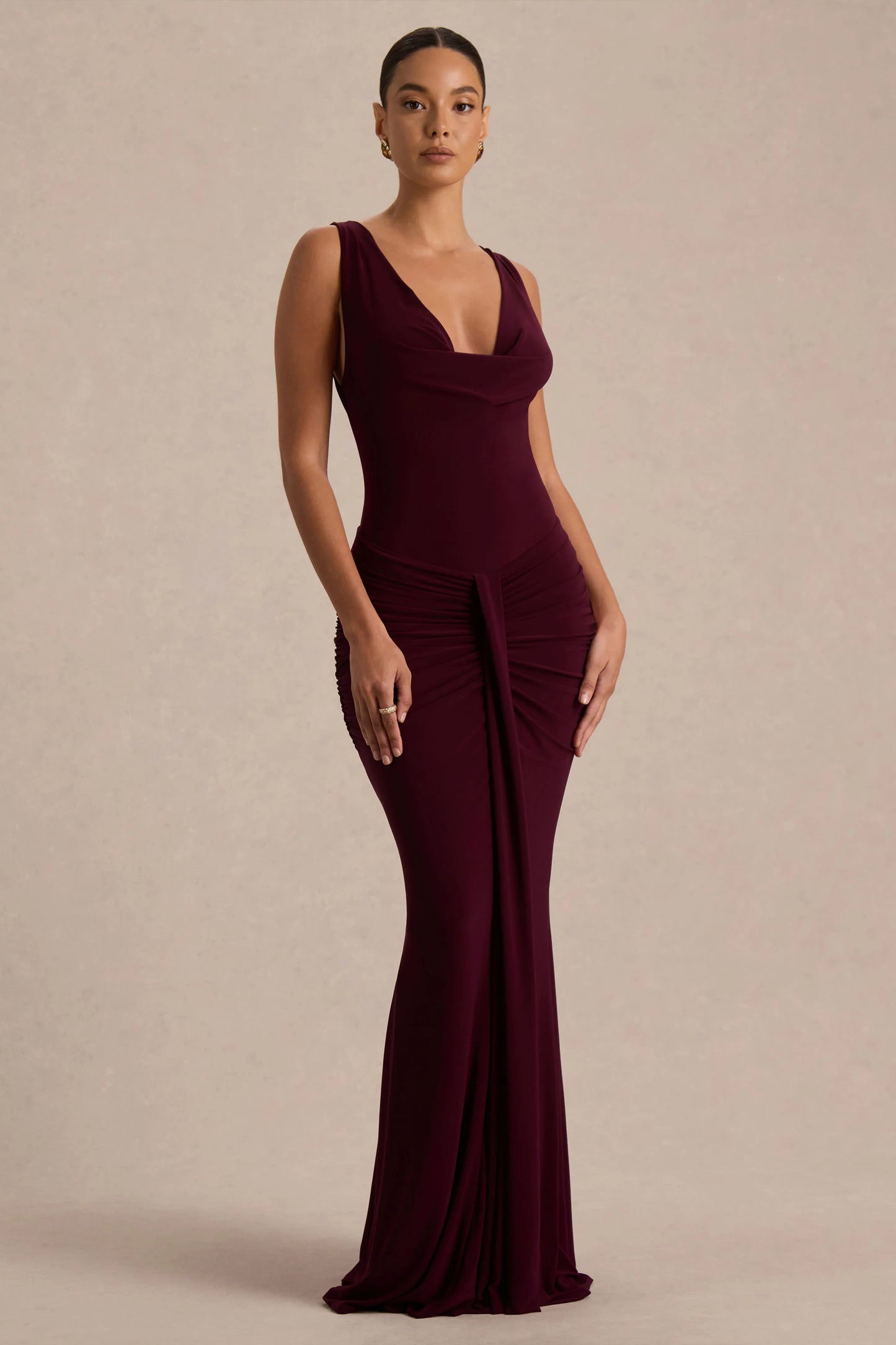 Mallie Burgundy Cowl-Neck Maxi Dress With Open-Back And Gathered-Detailing