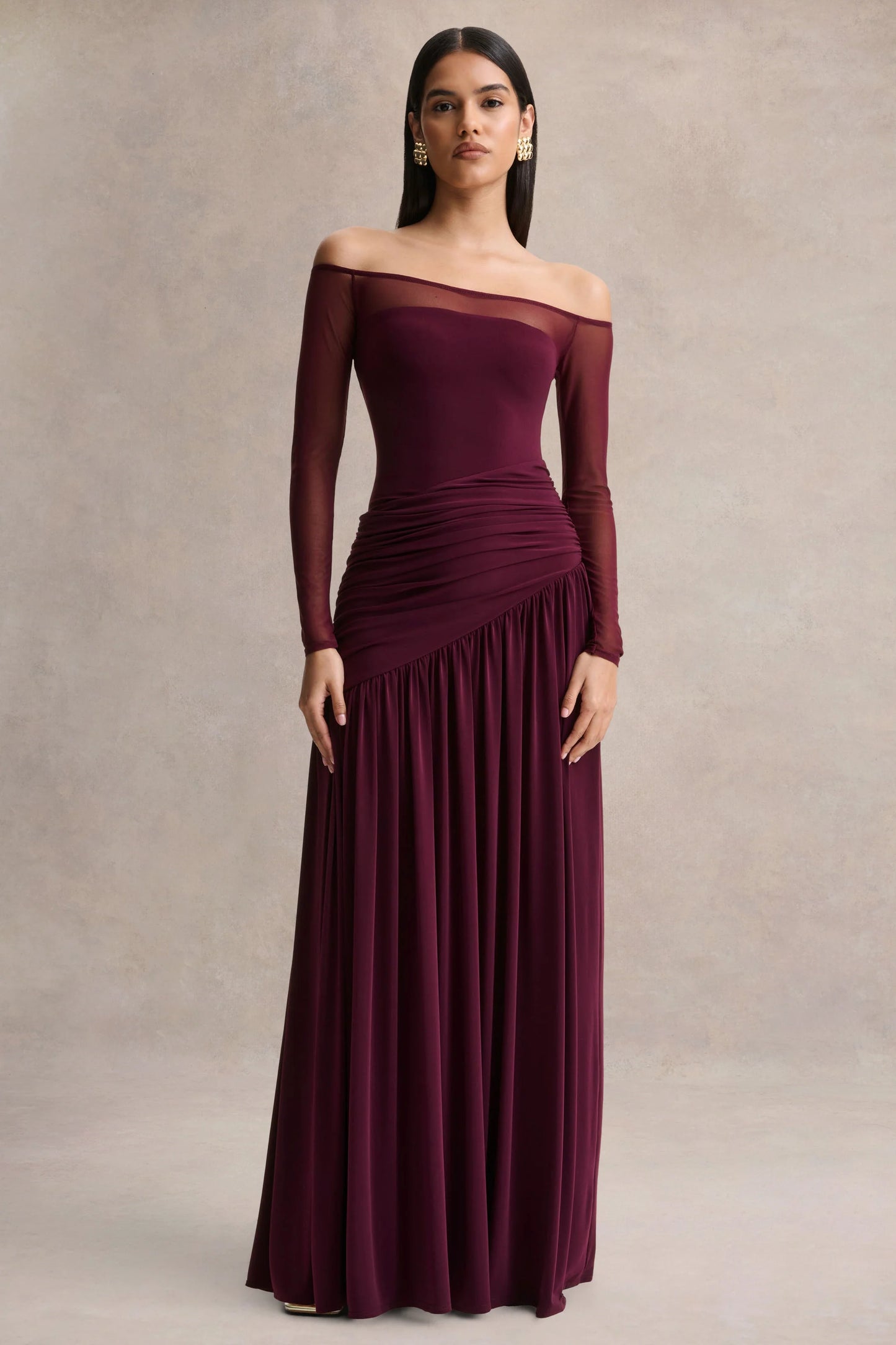 Luminary Dark Plum Bardot-Neck Maxi Dress With Mesh Sleeves