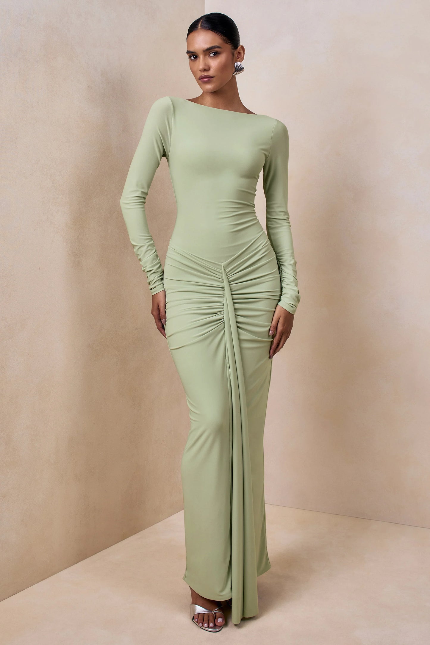 Matilda Light Green Boat-Neck Maxi Dress With Ruched Detailing
