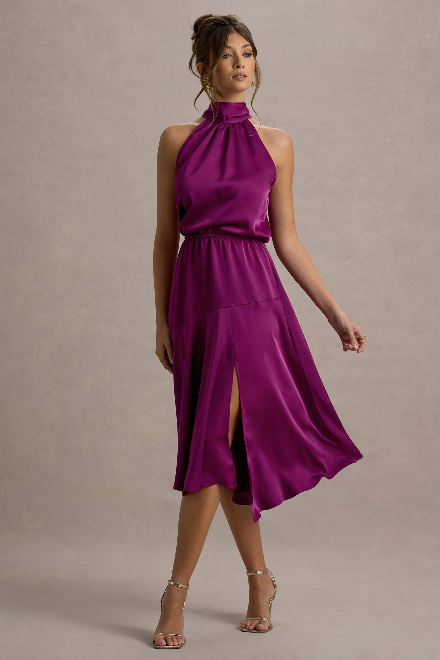 Palonia Dark Pink Satin High-Neck Split Midi Dress