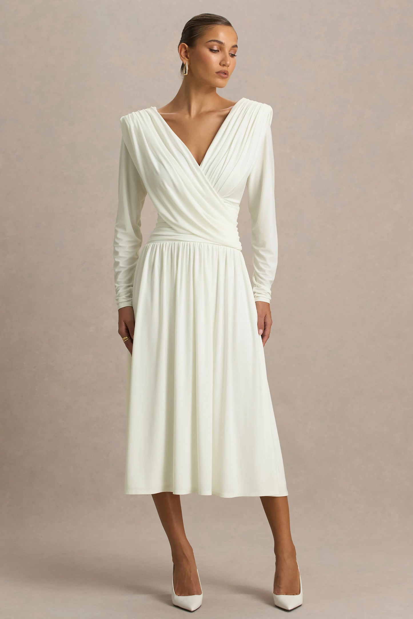 Alexis Cream Plunge-Neck Midi Dress With Draped And Ruched Detailing