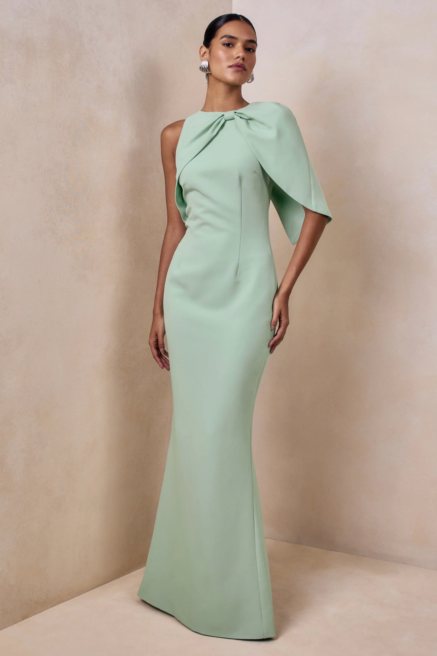 Quira Mint Asymmetric-Neck Maxi Dress With Cape-Sleeve