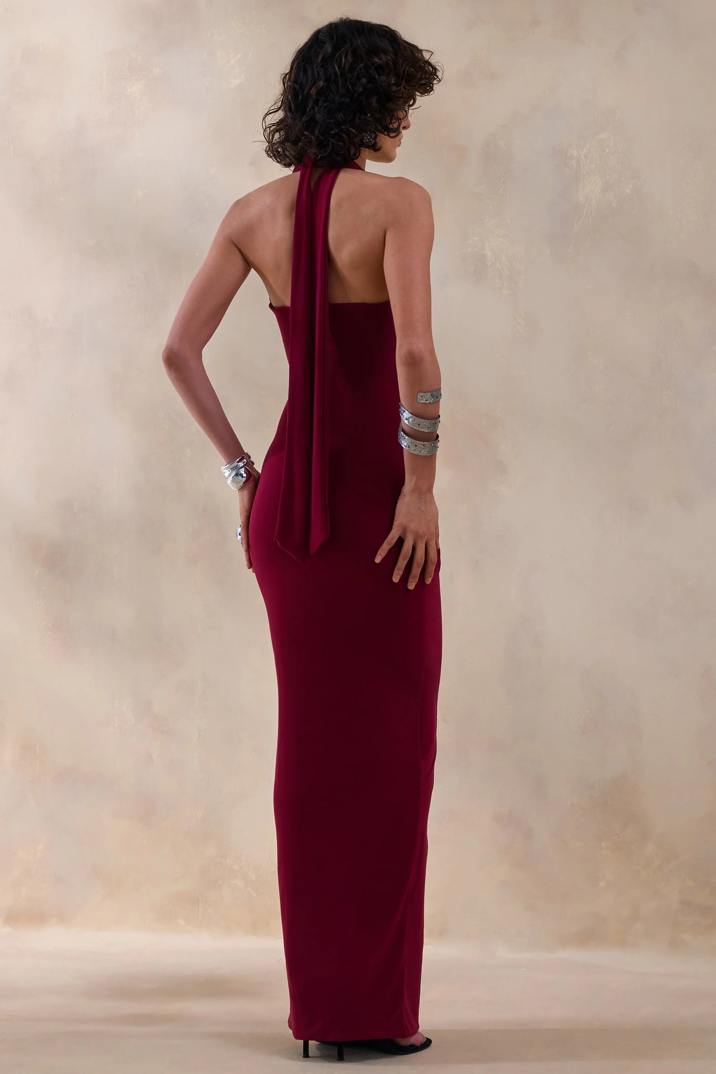 Lesley Burgundy Plunge-Neck Maxi Dress