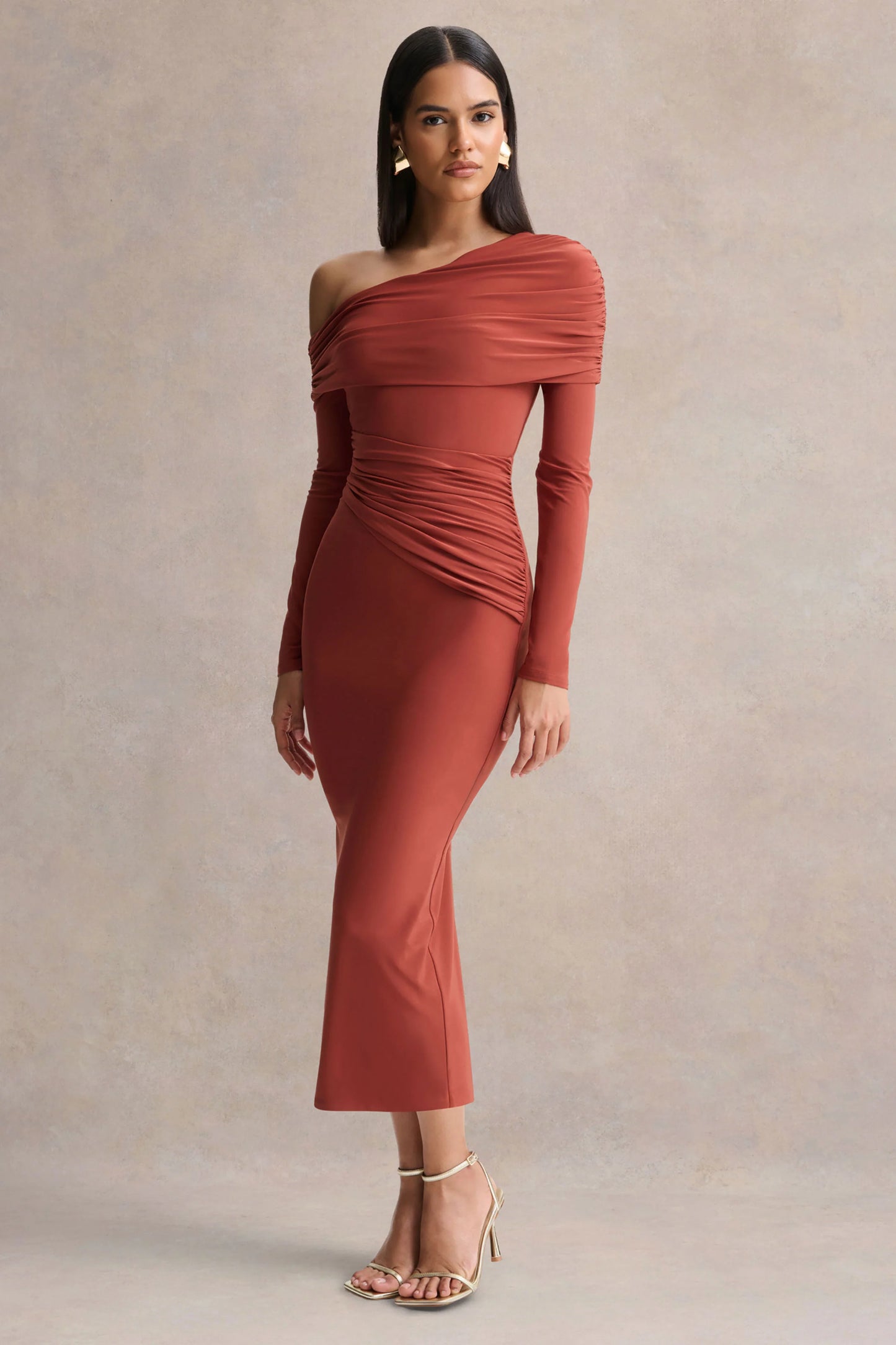 Elliora Rust Asymmetric-Neck Midi Dress