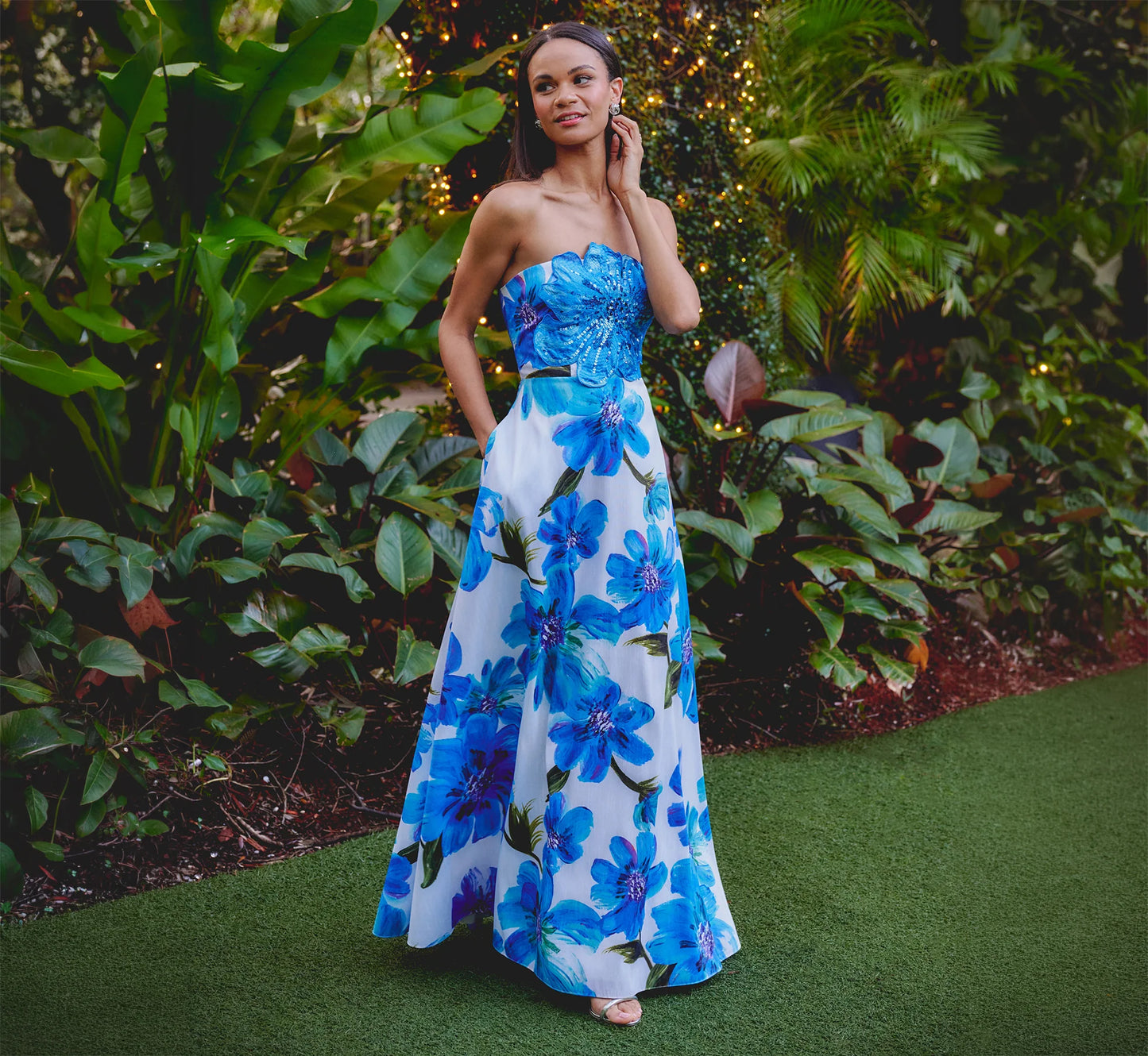 Strapless 3D Floral Beaded Dupioni Gown In Ivory Blue Multi