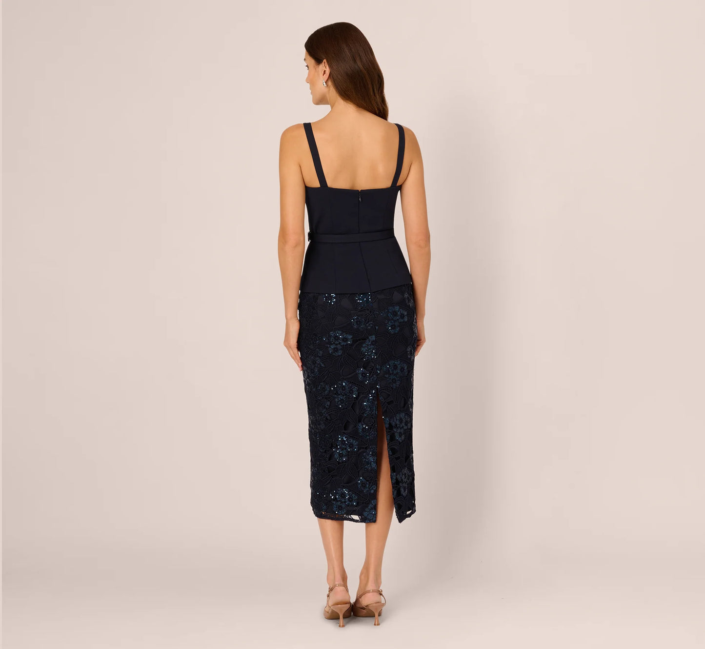 Sleeveless Sequin Lace Combo Midi Dress In Midnight