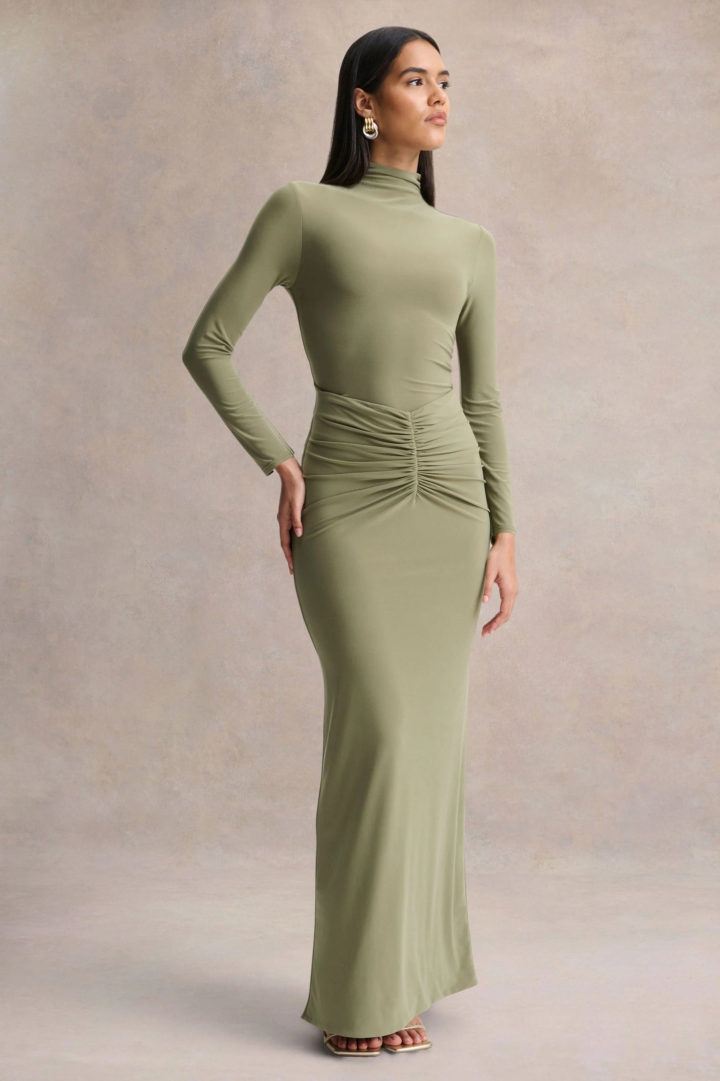 Persis Olive High-Neck Maxi Dress With Gathered Detailing