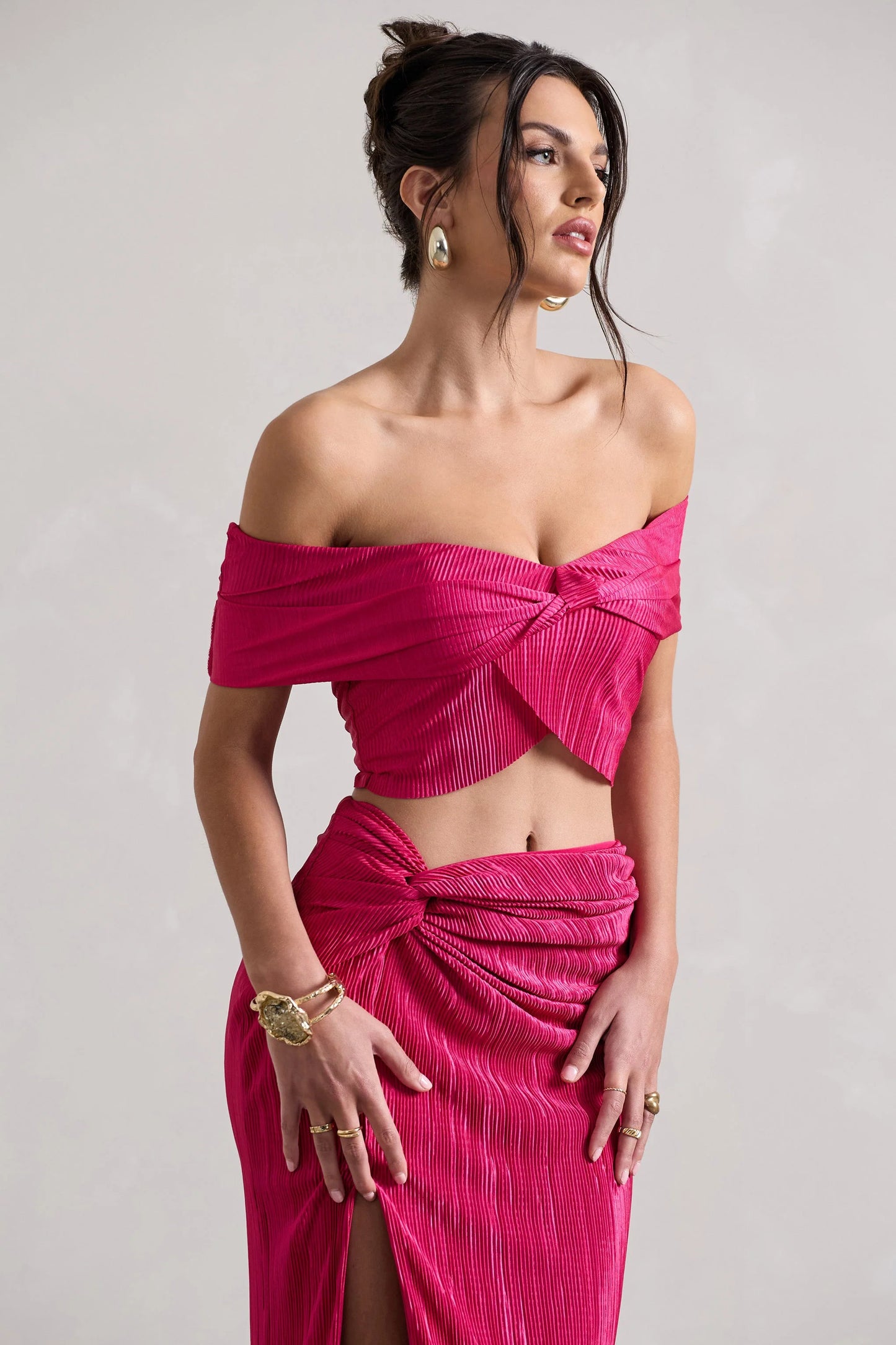 Seara Hot Pink Plisse Twisted Bardot Crop Top