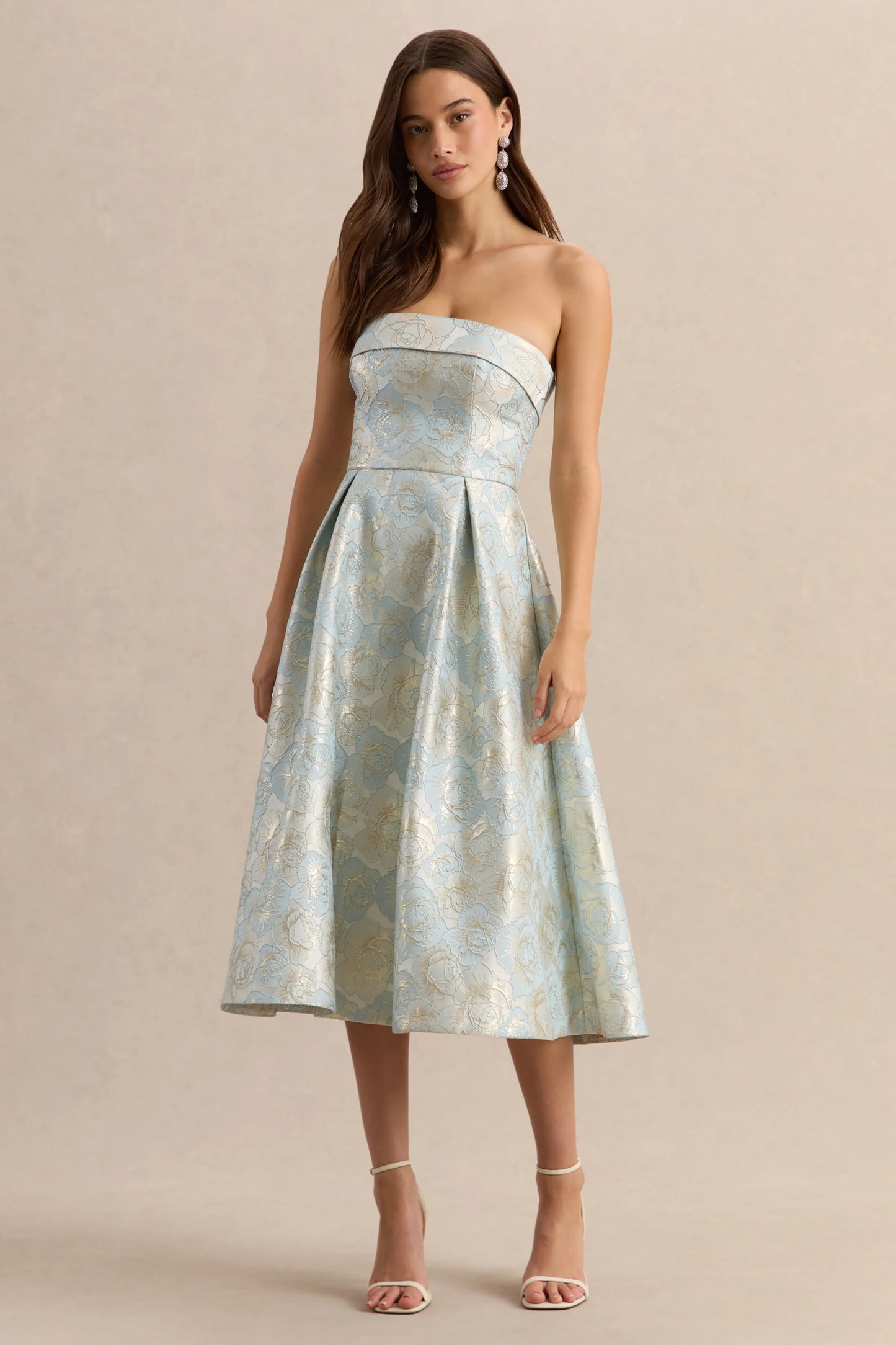 Tori Powder Blue Jacquard Bandeau Skater Midi Dress