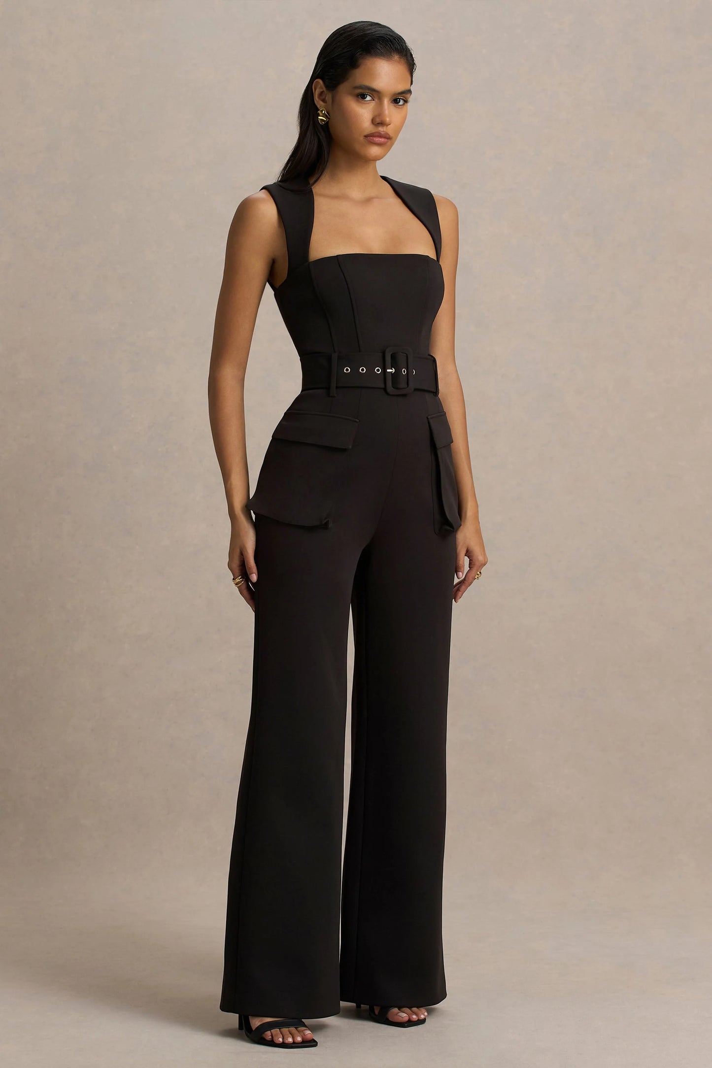 Solice Black Square-Neck Tailored Jumpsuit