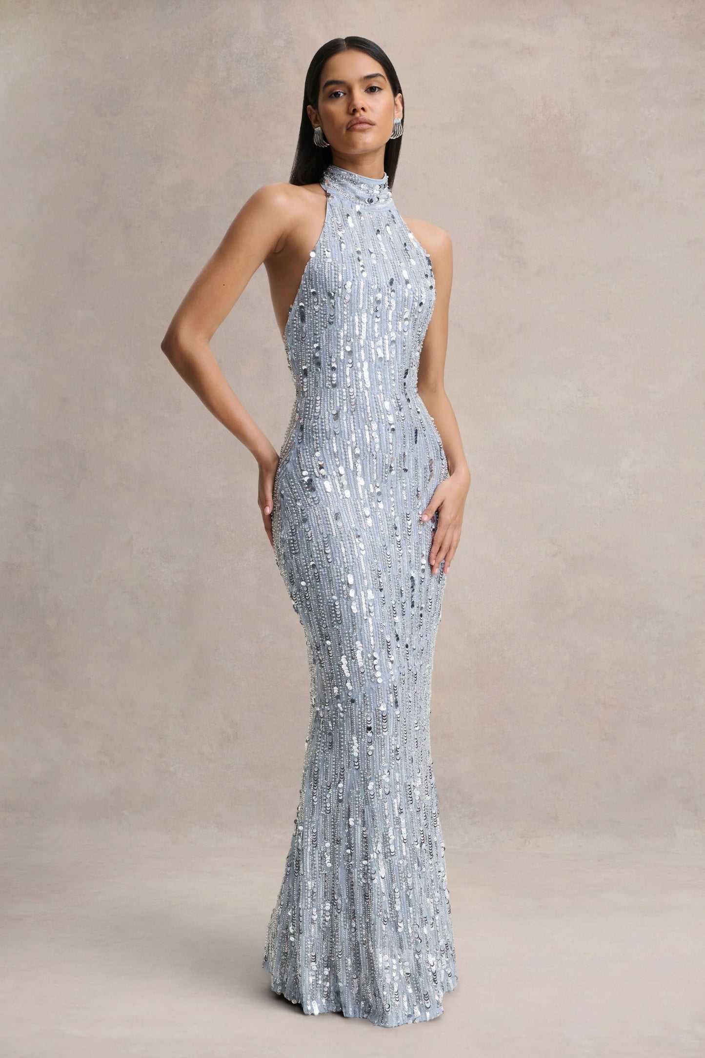 Zaira Silver Sequin High-Neck Maxi Dress With Open-Back