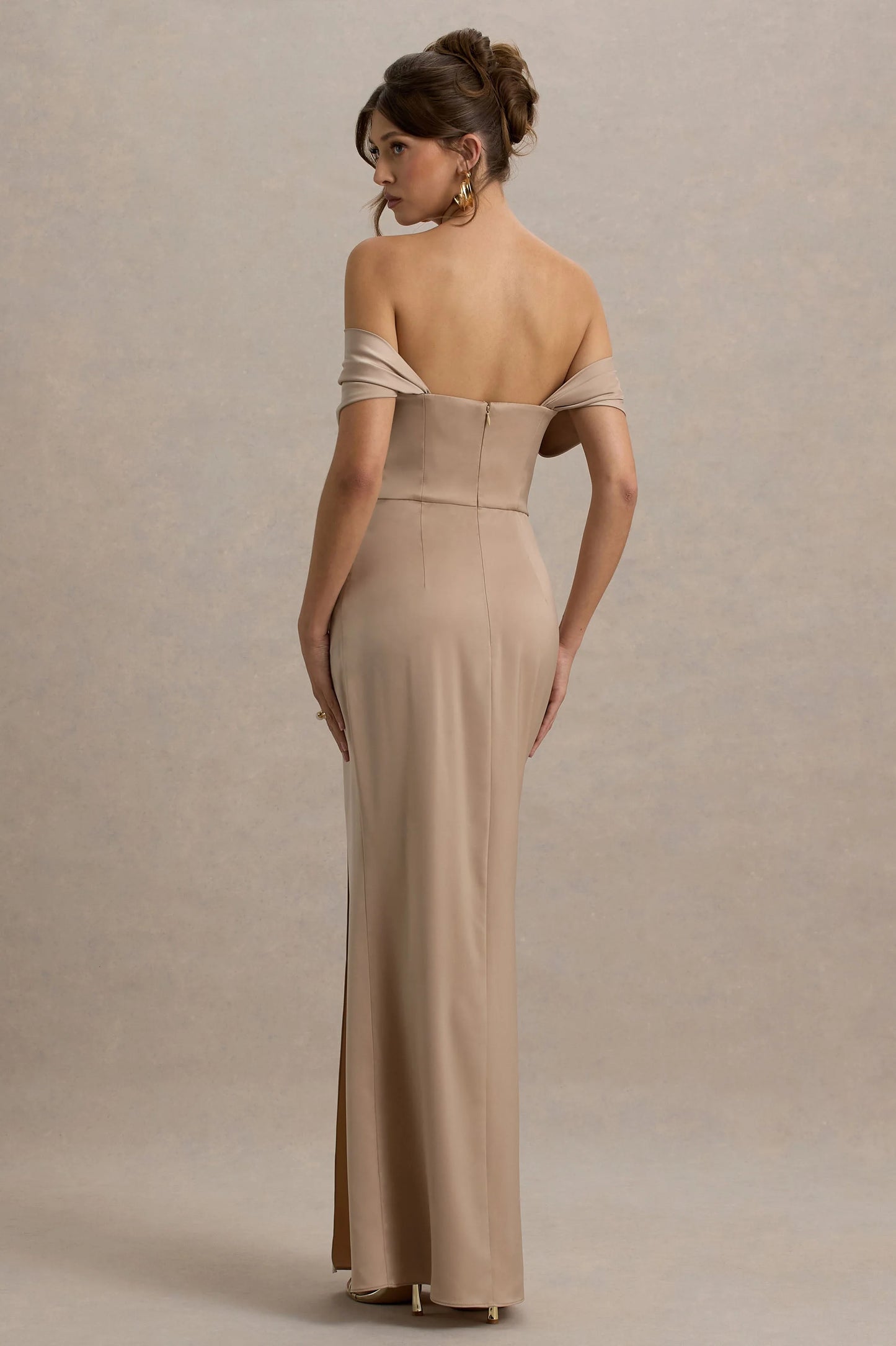 Annie Champagne Satin Bardot Maxi Dress With Split Wrap Skirt