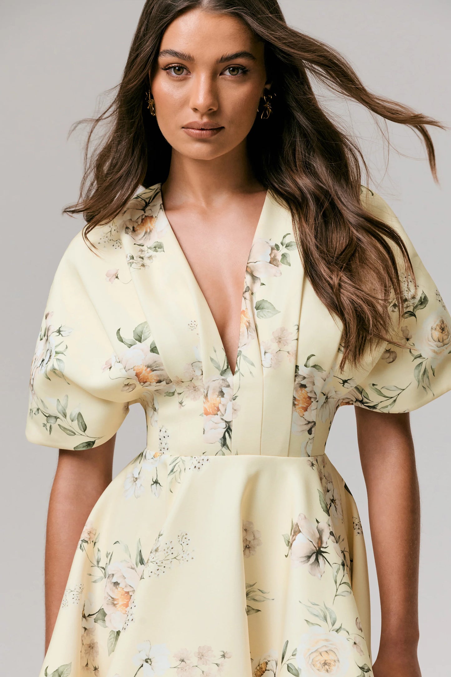 Delight Lemon Print Plunge-Neck Ruffled Mini Dress