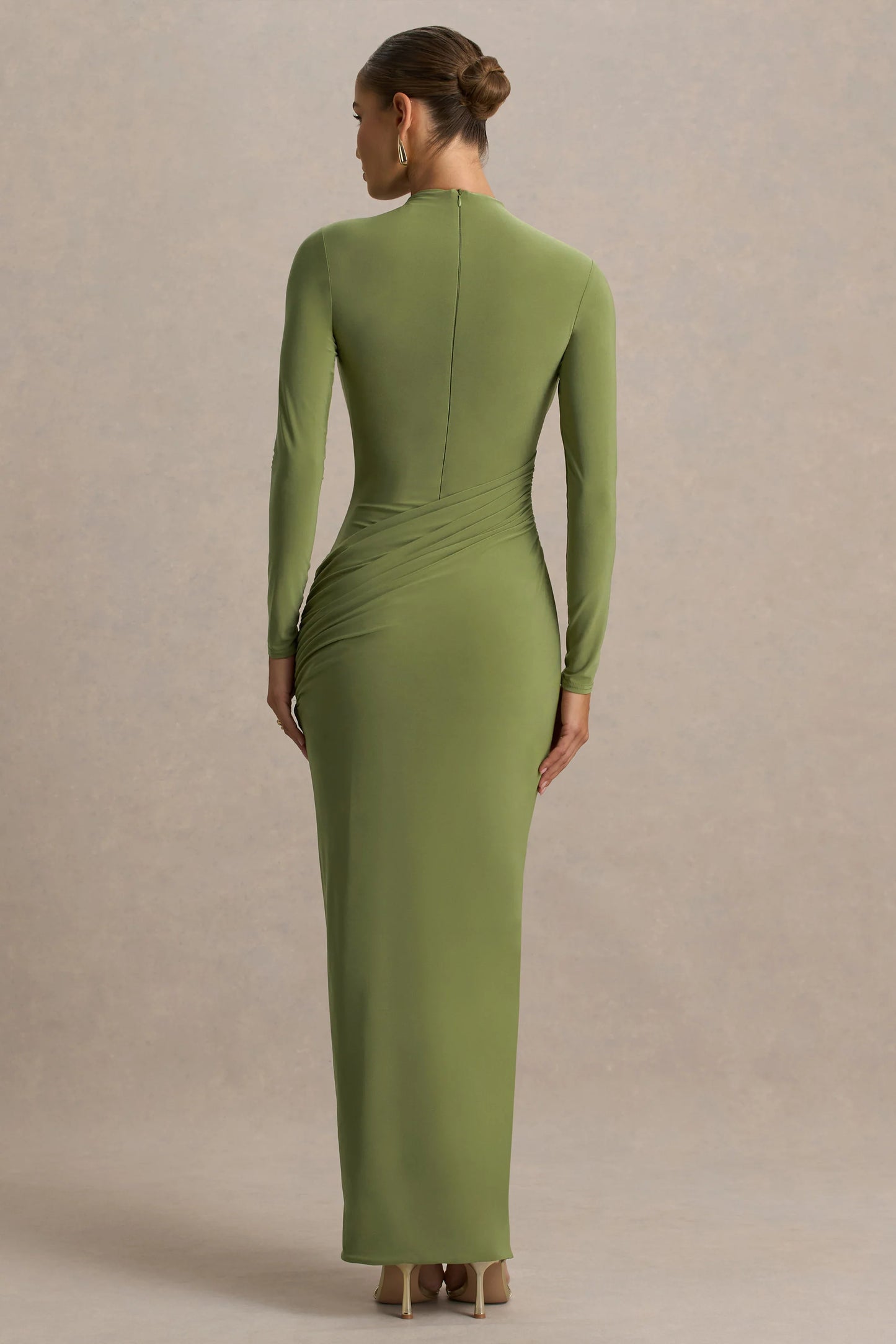 Zephyra Olive High-Neck Wrapped Maxi Dress