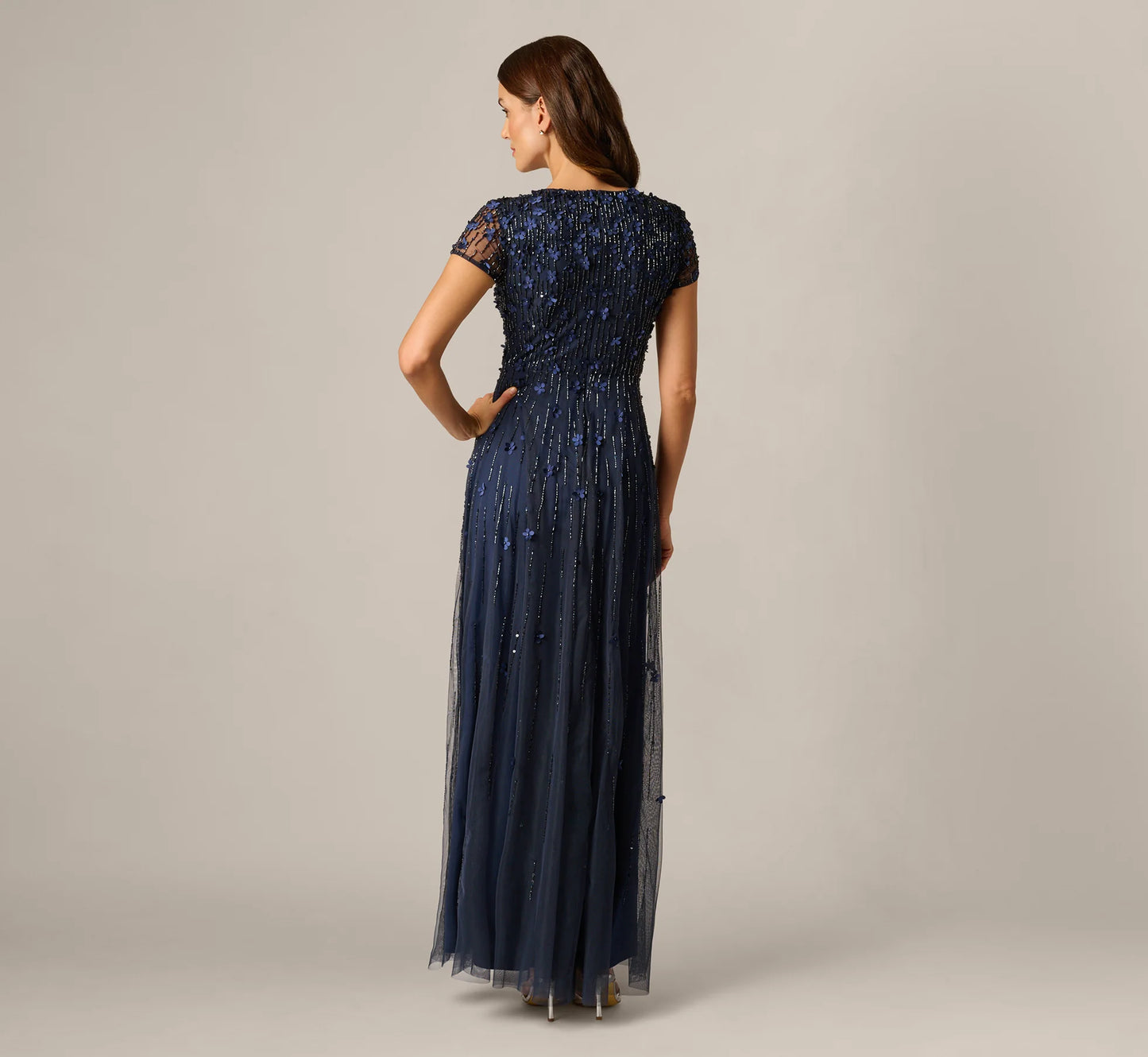 Short Sleeve Linear 3D Floral Beaded Gown In Navy
